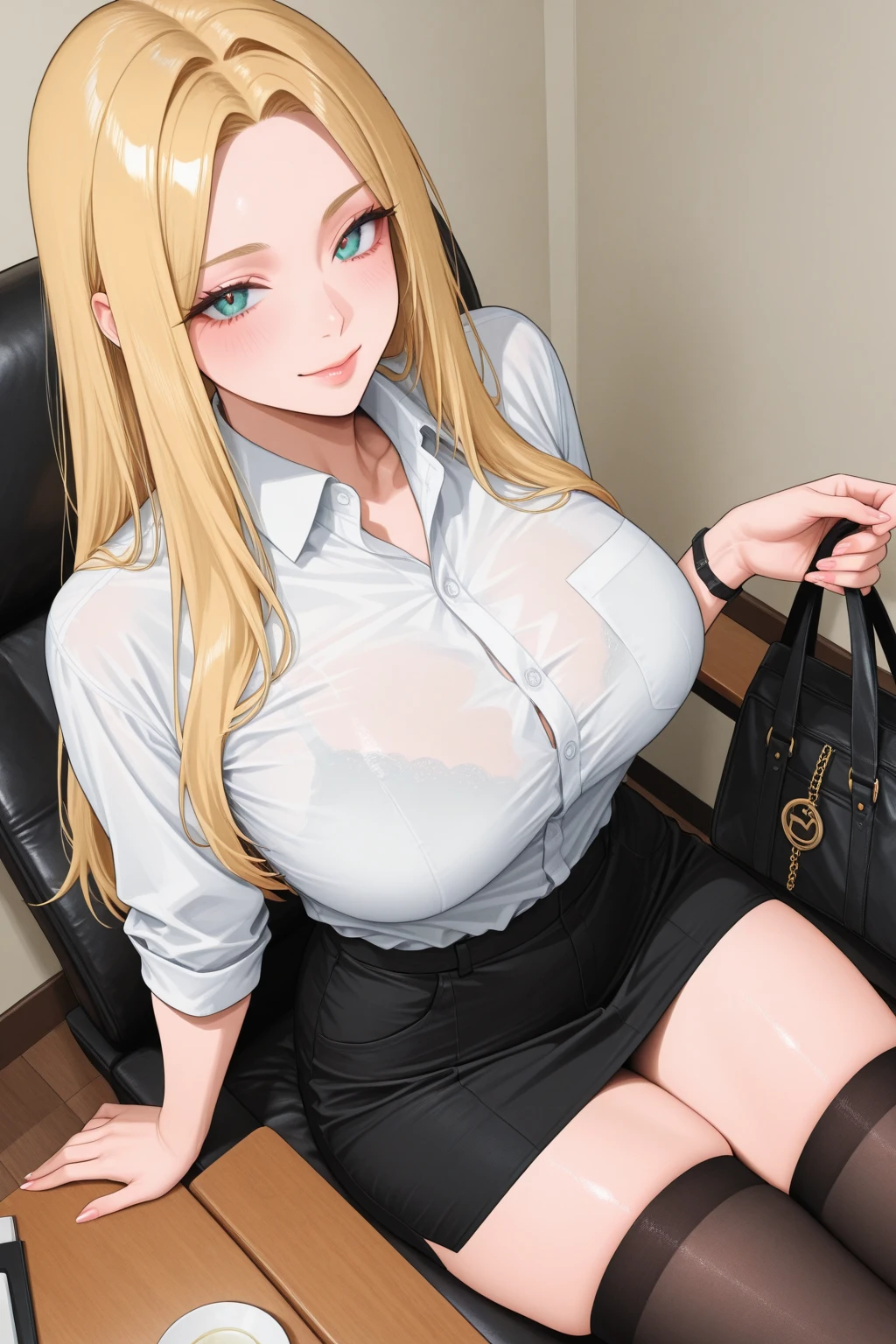 attractive girl, blonde with loose hair, sitting at the office desk, with legs open, short black skirt, button down shirt open halfway, black lace bra, sexy glasses, curvilinear attractive, lascivious look, High heels.