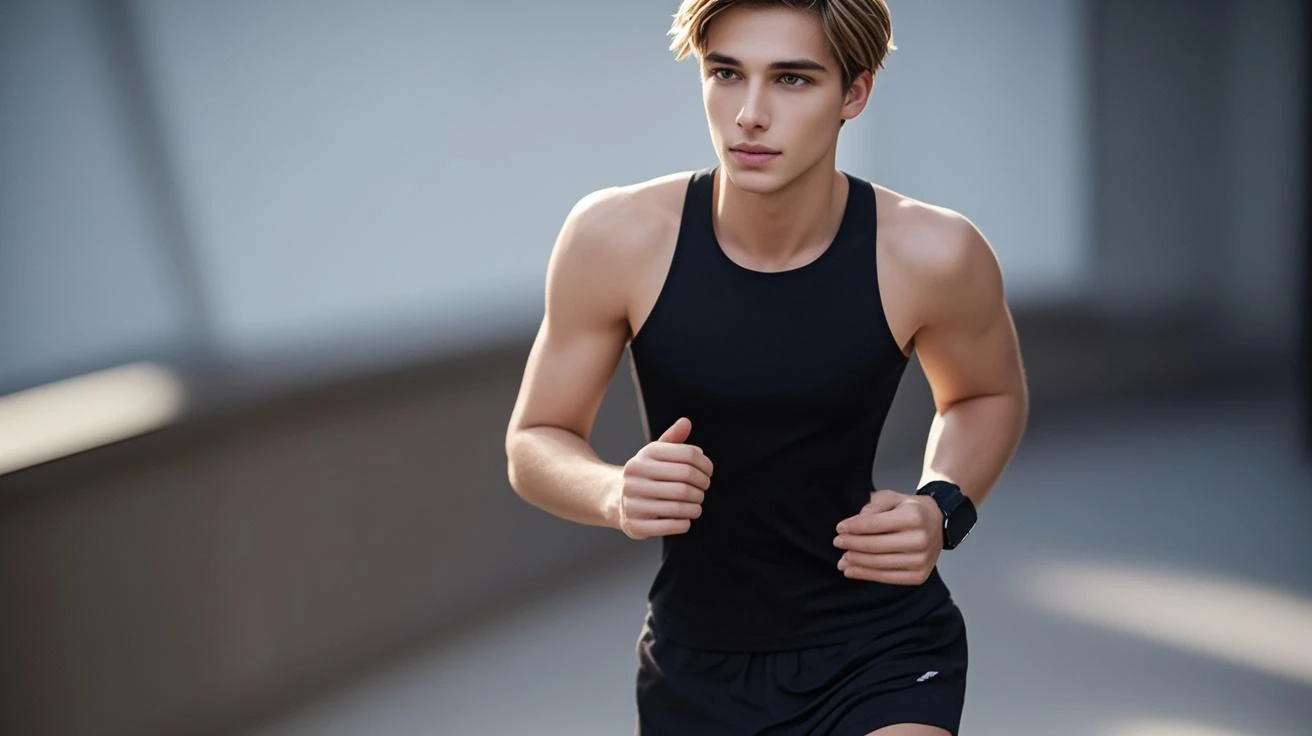 Boys on the track and field,sweat leggs,Photos during exercise,in track outfit,Run,Masculine,Exquisite facial features,virile,musculature,rich facial detail((The crotch is raised))closeup cleavage
