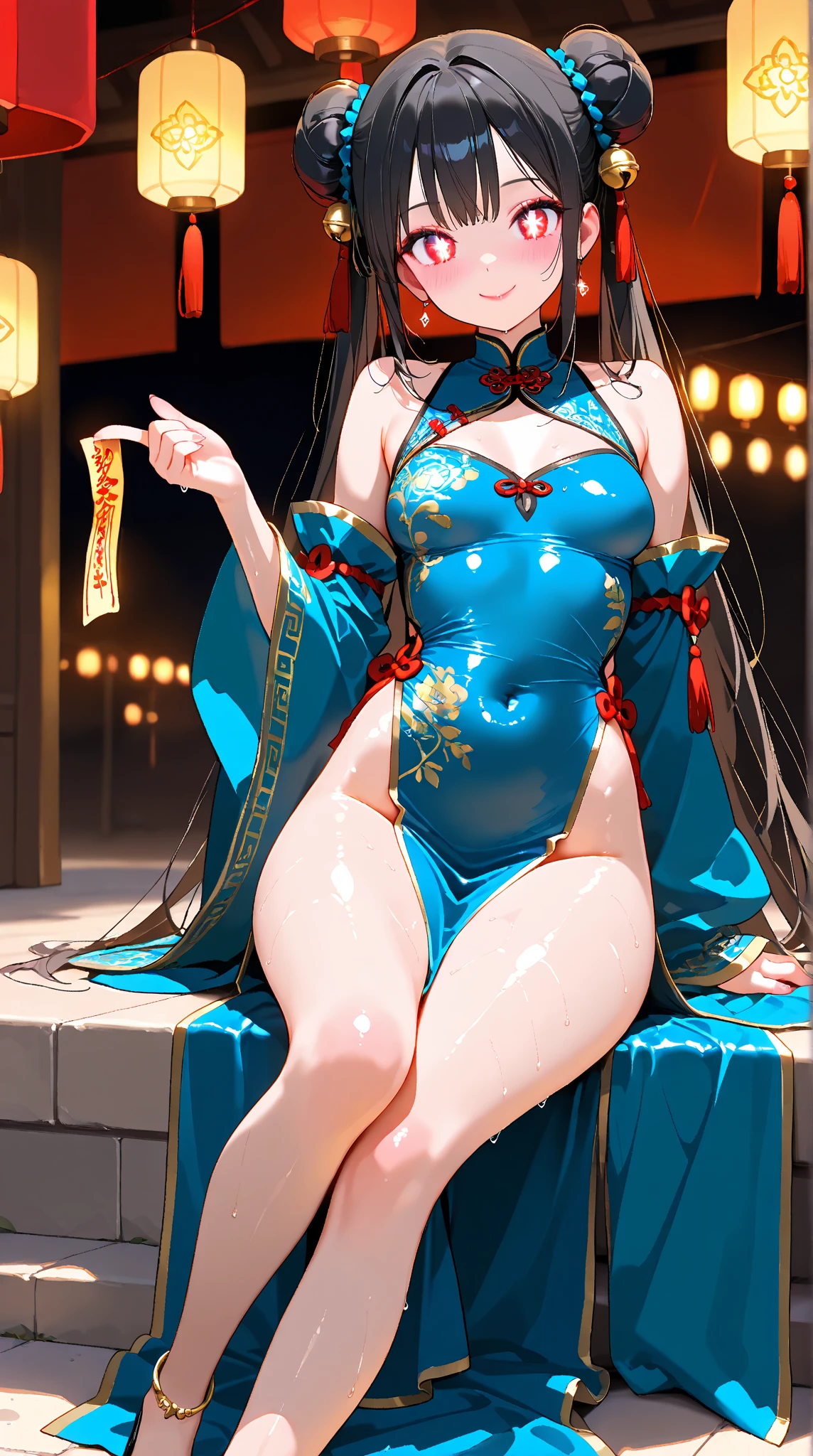 rouxin style, 1girl, seductive, mature, large breasts, cleavage, black hair, hair ornaments, (sapphire decor hairpin), (iridescent hair:1.4), earrings, long_hair, red eyes, black ancient chinese dress, see-through, sitting, ancient chinese architecutre room, ancient chinese bathtub, water, partially flooded, landscape