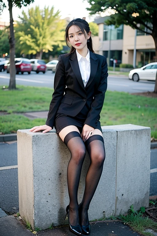 Best quality, full body portrait, delicate face, pretty face, 25 year old woman, slim figure, small bust, OL uniform, office clothes, black stockings, outdoor scene, sitting position, japanese woman, 8K, cinematic