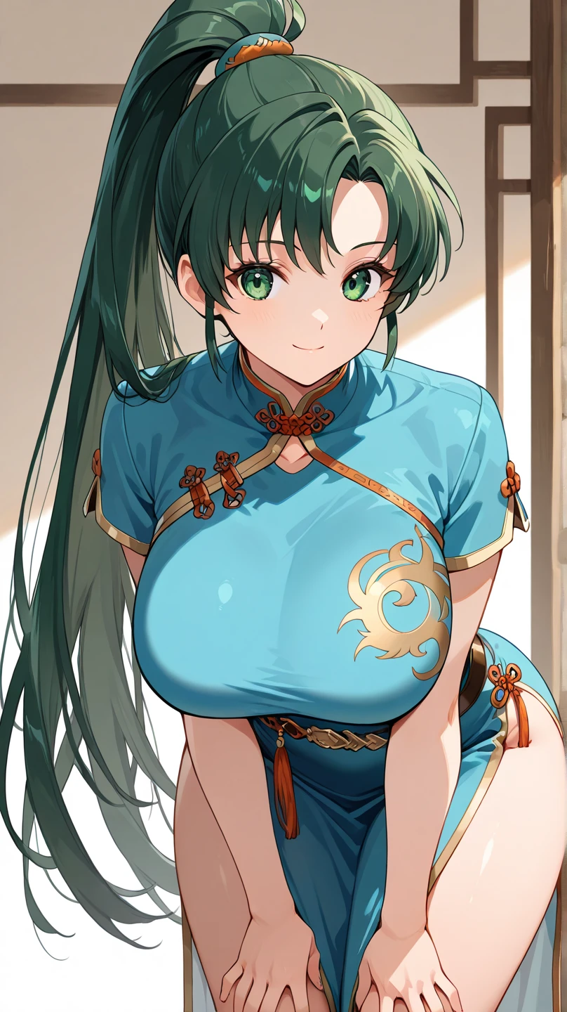 Black-haired, blue-eyed, large-breasted woman
