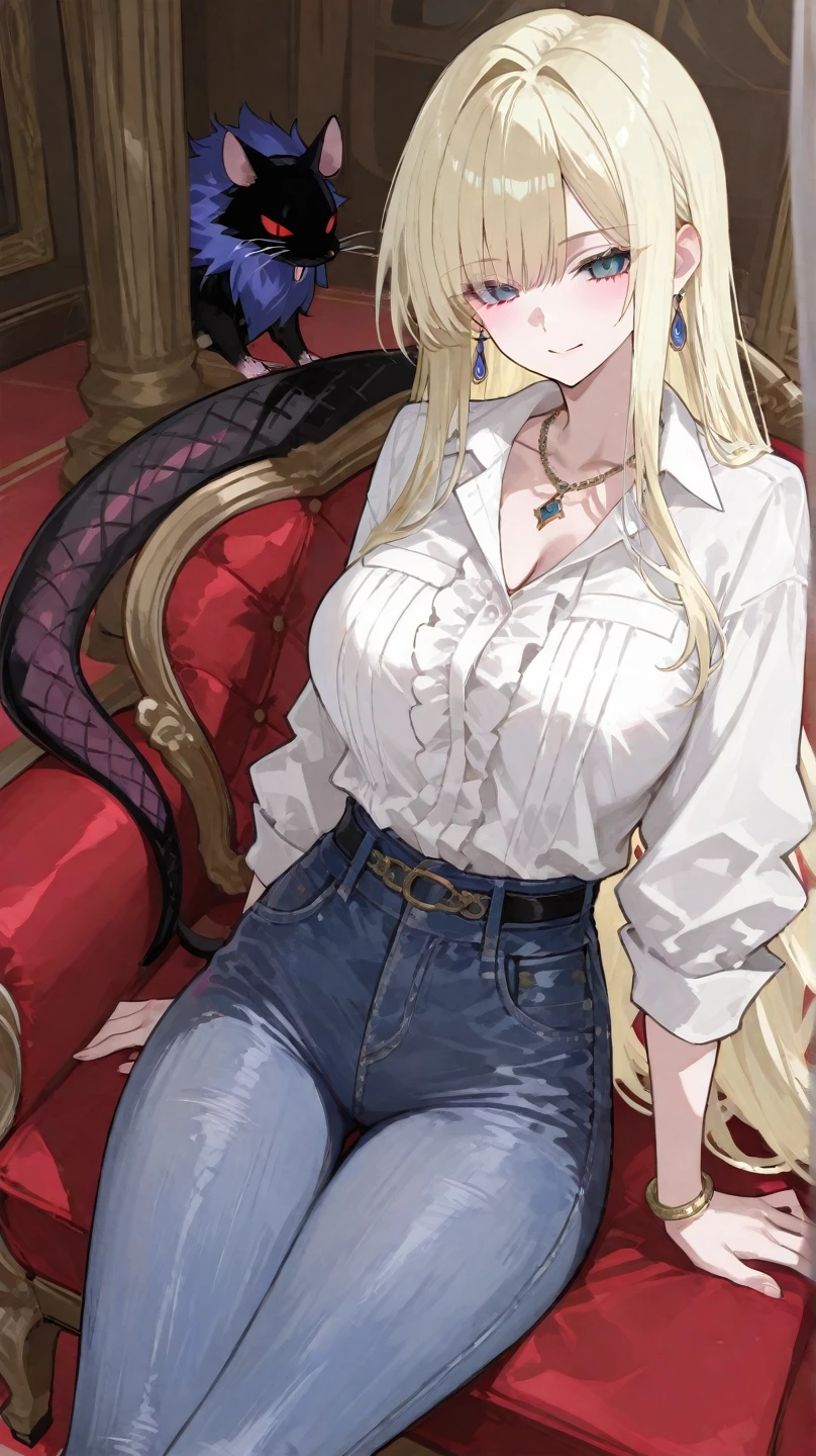 (Masterpiece of the best quality:1.2)，Top image quality，Top animation quality，Soft light filter，solo，low angle，(Medieval Europe:1.2)，A woman，blond，extremely detailed neat hair，neat bangs，Beautiful red pupils，Smile，(Wearing lace pajamas and pantyhose:1.08)，Sitting on the sofa，(A golden snake coiled around her body:1.2)，Golden python，python near her，[sexy feeling]