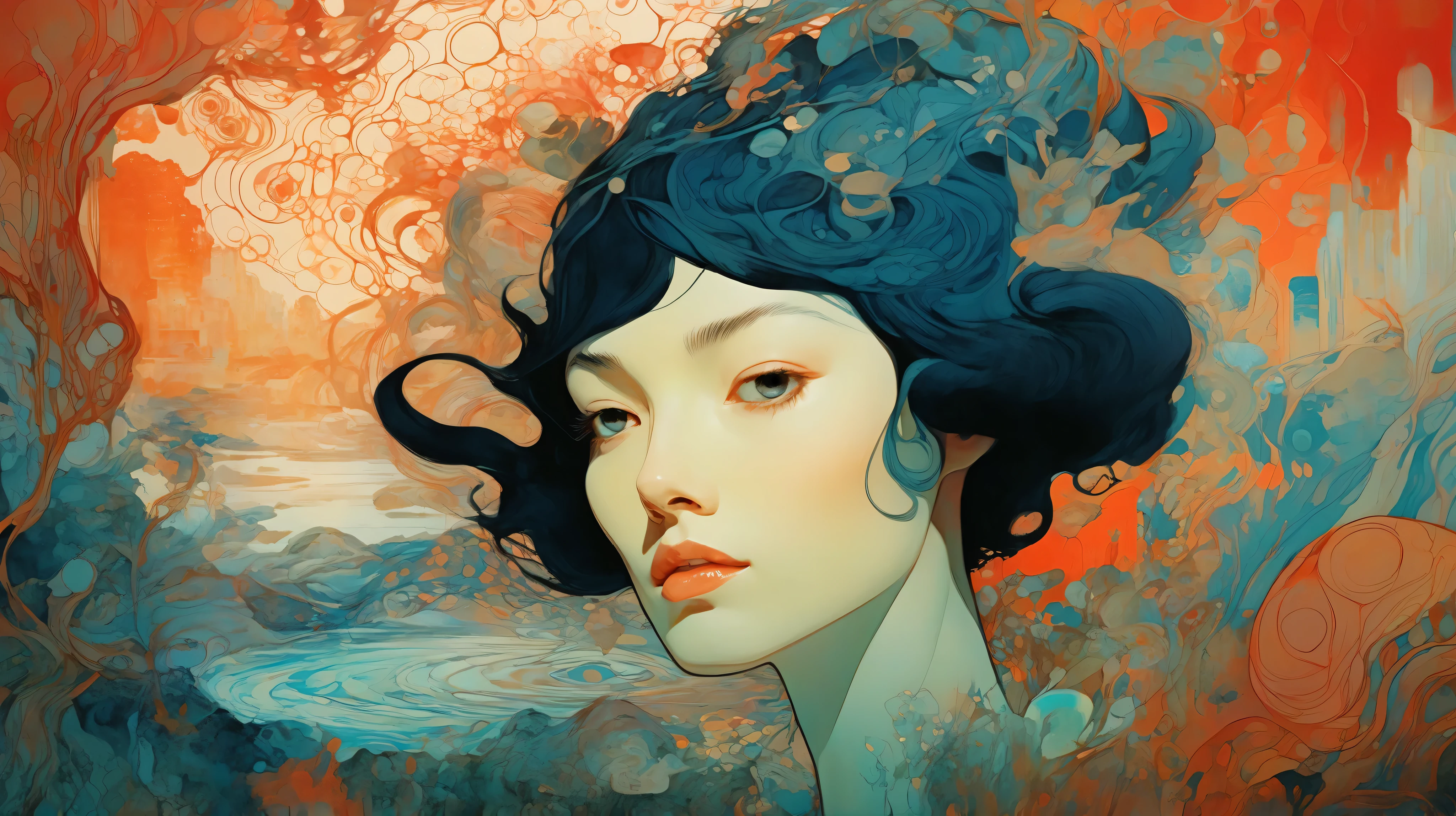 a close up of a painting of a woman with a watch on her head, James Jean e Victo Ngai, victo ngai and tristan eaton, Botticelli and Victo Ngai, inspired , greg tocchini, james jean e wlop, Alphonse Mucha e Craig Mullins, James Jean e Peter Mohrbacher, A captivating psychedelic illustration tapestry frames the image. This work of intricate art presents a mix of abstract forms, organic patterns , and vibrant colors that evoke a sense of mystery and whimsy. Swirling lines and fluid shapes intertwine, that recall natural elements and technical designs. The color palette includes deep blues, laranjas quentes, verdes amortecidos, and touches of red , creating a dynamic and harmonious composition. Surreal elements such as watch dials, engrenagens, and what appear to be cellular structures are mixed with natural motifs, like leaves and streams. The texture suggests a combination of digital and hand-drawn art, dando-lhe um rico, Layered Appearance. The overall mood is that of fantastic, dreamlike journey through a landscape that seems futuristic and timeless, that evoke a sense of exploration and admiration.