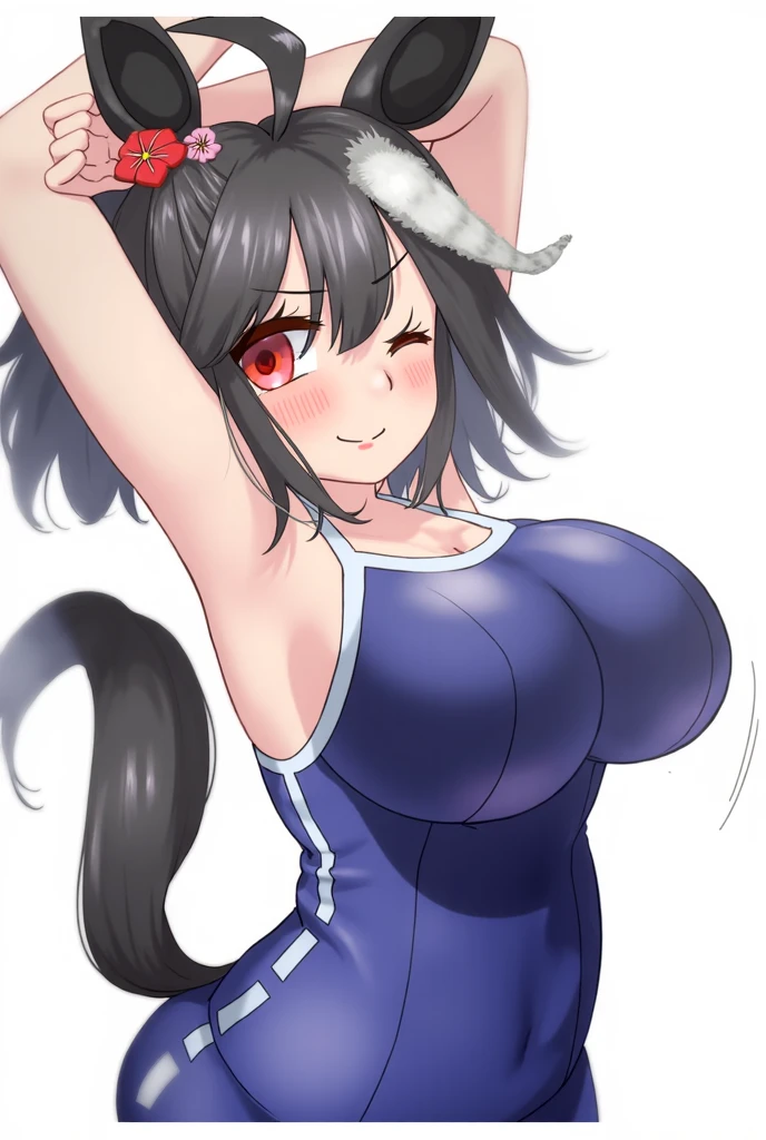 masterpiece, best quality, agens tachyon \(umamusume\), solo, cowboy shot, horse girl, horse tail, brown hair, red eyes, gray banded ribby one piece swimsuit with side cutout, 1girl, solo, jewelry, necklace, one-piece swimsuit, swimsuit, Swimsuit with wide open chest, head out of frame, brown hair, Wide pelvis, scrawny:1.7, Big breasts, Large breasts, Erect nipples, Vagina line, Cameltoe, swimsuit, beautiful face, Full body standing, (Semen overflowing from the cleavage), (((A large amount of semen attached to the whole body))), ((Grabbing with breasts hands)), Get blush,