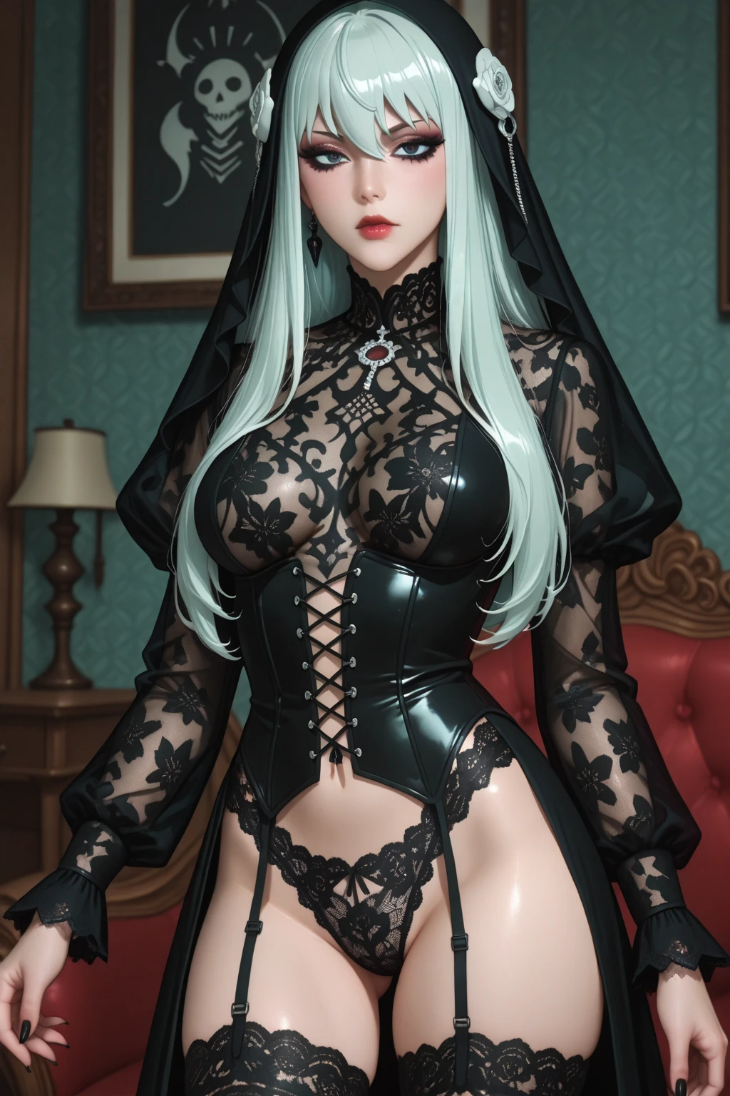 (8k, RAW photo, ultra high res, best quality, masterpiece:1.2), (realistic illustration), (extremely detailed CG unity 8k wallpaper), absurdres, incredibly absurdres, an extremely delicate and beautiful, extremely detailed eyes and face and skin, professional lighting, physically-based rendering, (a professional photo of girl), perfect anatomy,
BREAK
solo, 1 girl, 40 years old, (slavic woman), (ukraine actress), shiny (platinum blonde) hair, updo hairstyle, symmetrical clear (blue) eyes, eye bags:1.5, (red) lips, slim:1.5, perfect figure:1.5, medium , hanging breasts
traditional, eminence, wearing insanely detailed (black mourning veil:1.4, black lace mourning dress:1.4), (bare back, pearl necklace, vintage earrings, red nails, portrait of an aristocratic man, luxury united kingdom drawing room, luxury united kingdom mansion, cowboy shot:1.2), ultra detailed background,