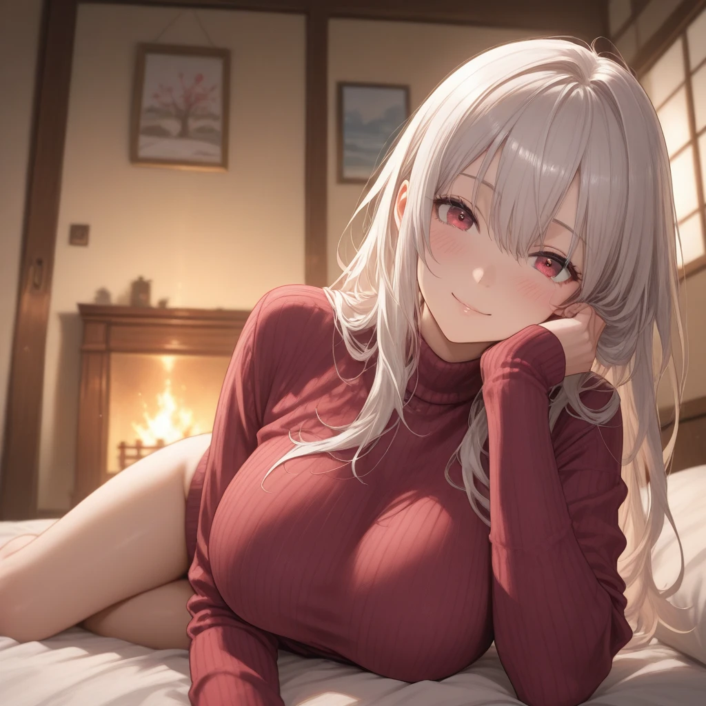 ((Best Quality)), ((masutepiece)),  Perfect face,silber hair、red eyes、Long、
(White knitwear)、off shoulders、sleeveless、You can see the shape of the nipple、Fox ears、(((Black knee socks)))、Embarrassed look、inside the house、a warm room、There is a fireplace in the room、wariza、beauty breast、Bigchest、Straddling,smiles、Covering your face with your hands
