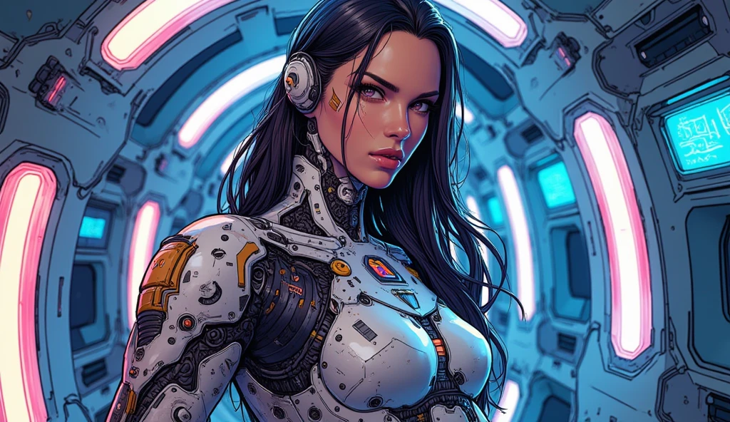 tmasterpiece, Beautiful Brazilian woman with perfect face, Elegant dress Gucci Balenciaga Versace Armani alternative suit, jaket, pullover, T-shirt, 围巾,long skirt, Jeans, full bodyesbian, liberta, seele, Digital illustration, Manhwa Style, Cyberpunk, Perfect anatomy, centre, nearing perfection, Dynamic, highly detailed, complex, Intricate, art stations, concept-art, lisses, foco nítido, illustratio, Art by Carne Griffiths and Wadim Kashin, only one, Awarded, tmasterpiece
