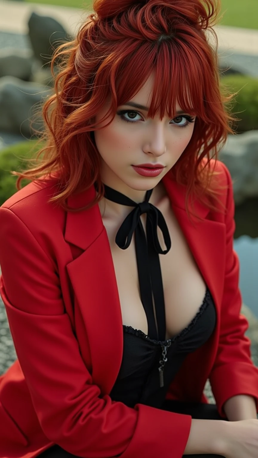 ultrarealistic high quality fullbody photo of a beautiful slim european teen girl with cute hyperdetailed shy face and natural redhead short messy bun and mischievous face, realistic round hazel eyes, red lips, dark eye makeup with eyeliner, wearing shiny red puffer jacket and faux leather leggins, hourglass body, outdoor shooting, (((no shirt))), visible cleavage, breasts, topless