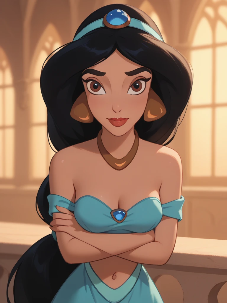 Jasmine from the movie "Aladdin", Hypnotized, Red eyes, spiral eyes, red clothes, shackles on the neck and hands, in a dungeon, On knees, top lake, POV: I look at her. Transparent clothing, transparent red top, in a dungeon oscuro, in a cell, big hip, big butt, tears,