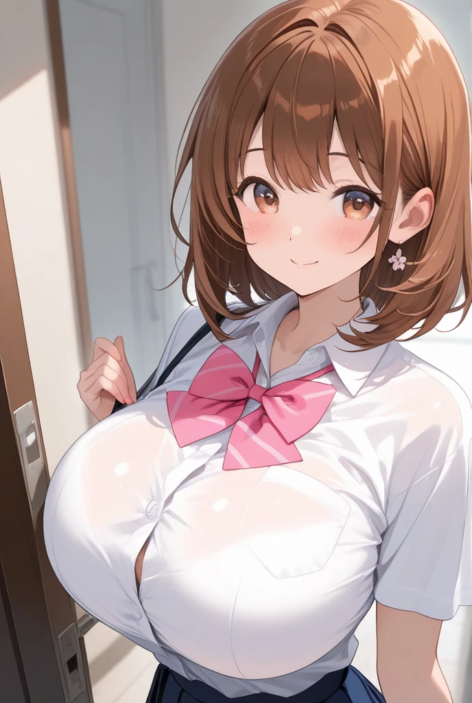 A little small and thin for her age., shy and blushes easily, She is quite naive and helpful.. White, long wavy brown hair, Small pieces, blush, Big, innocent brown eyes, small waist, medium breasts and some hips, long neck, Wear short skirts and blouses with a tender neckline..