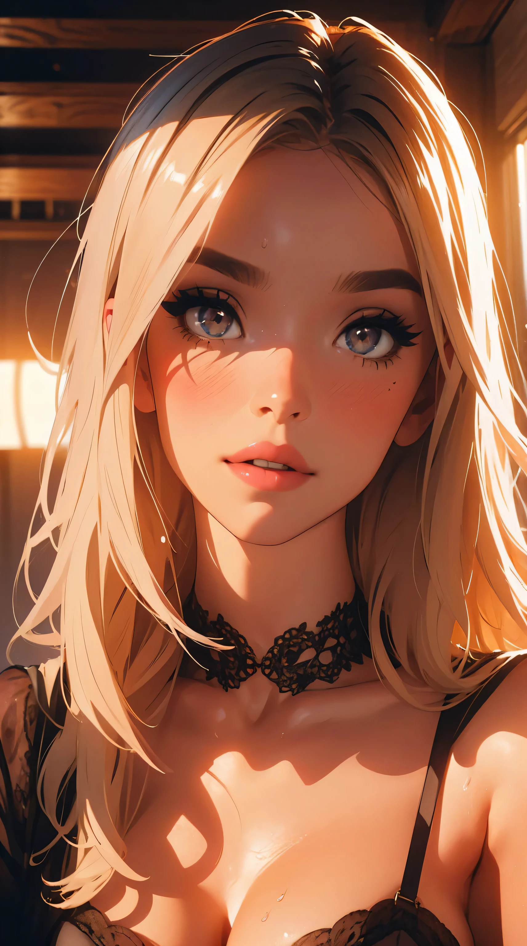 1girl,a beautiful fashion model ,(masterpiece, detailed background, best quality),short and shiny hair, light blomde hair with blonde highlights,smirk,juicy lips,red lips, calmart, lingerie, stripping, elegant makeup, (girl cocking her eyebrow), stationary_restraints
