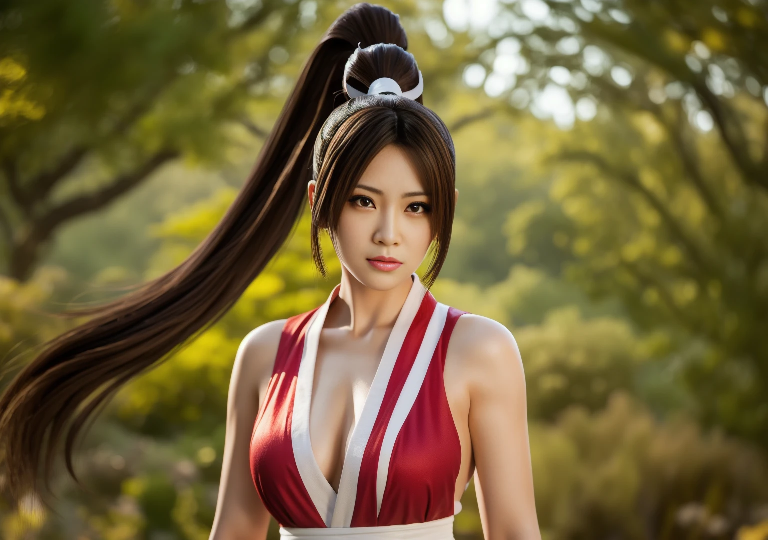 Mai Shiranui, brown eyes, Japanese beauty,Micro lollong hair, brown hair, (red clothes:1.3),super huge breasts, sleeveless, ponytail, pelvic curtain, Arm guards, Gloves, or,full , seductive expression, sexy eyes, huge breasts, Micro lol, charming, view viewer, long hair, (breast focus:1.2), (actual:1.2),, (realism), (masterpiece:1.2), (best quality), (super detailed), (8K, 4K, complicated), (85 mm), Light particles, Light, (Very detailed:1.2), (Detailed face:1.2), Cherry blossoms(exquisite eyes:1.2), (solid color background: 1.2),(Detailed background), (Dynamic angle:1.2), (dynamic poses:1.2), (Action line:1.2), Wide-angle lens, huge breasts,big breasts,huge breasts,Happy lol content,Lovely,lol,sakura,Cherry blossoms,monochrome background,solid color background,smile,White background,artistic photos, super huge breasts