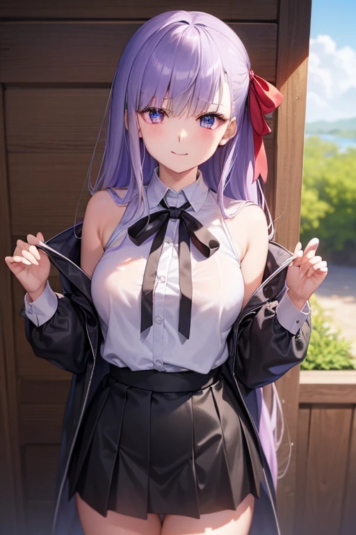 Hugob, nffsw, Purple hair, Long hair, Bangs, (Purple eyes:1.1), (medium breasts⁩:1.2),Blake Black Jacket, Black skirt, Collared shirt, Hair Ribbon, high waist skirt, Jacket, Long sleeves, Neck ribbon, Open your clothes, Open jacket, Pleated skirt, Red Ribbon, bow ribbon, Shirt, Skirt, sleeves past wrists, White shirt, Wide sleeves,BREAK looking at viewer,BREAK outdoors, BREAK (masutepiece:1.2), Best Quality, High resolution, Unity 8k壁纸, (Illustration:0.8), (Beautiful detailed eyes:1.6), extra detailed face, Perfect Lighting, extremely details CG, (Perfect hands, Perfect Anatomy),Naughty smile with open mouth、NSFW,(vaginal,SEX),Cowgirl、(((1man with 1woman,Having sex)),girl on top,Straddling,SUI,bed),(Spread legs),(Squatting,Open legs),(Trembling girl )、1man、(Straddling a man:1.3)、(Penis inserted into the vagina :1.5)