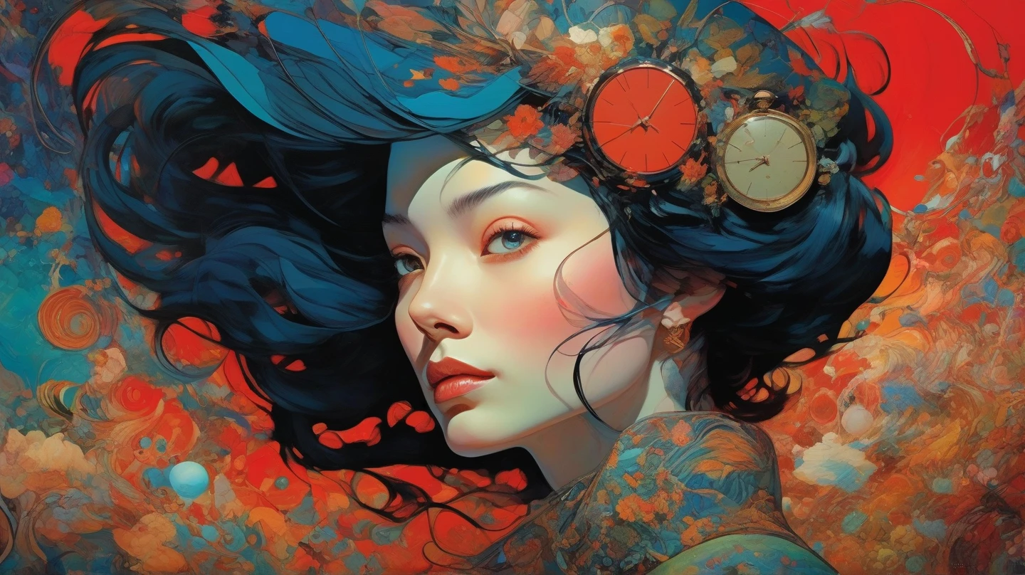 a close up of a painting of a woman with a watch on her head, James Jean e Victo Ngai, victo ngai and tristan eaton, Botticelli and Victo Ngai, inspired , greg tocchini, james jean e wlop, Alphonse Mucha e Craig Mullins, James Jean e Peter Mohrbacher, A captivating psychedelic illustration tapestry frames the image. This work of intricate art presents a mix of abstract forms, organic patterns , and vibrant colors that evoke a sense of mystery and whimsy. Swirling lines and fluid shapes intertwine, that recall natural elements and technical designs. The color palette includes deep blues, laranjas quentes, verdes amortecidos, and touches of red , creating a dynamic and harmonious composition. Surreal elements such as watch dials, engrenagens, and what appear to be cellular structures are mixed with natural motifs, like leaves and streams. The texture suggests a combination of digital and hand-drawn art, dando-lhe um rico, Layered Appearance. The overall mood is that of fantastic, dreamlike journey through a landscape that seems futuristic and timeless, that evoke a sense of exploration and admiration.