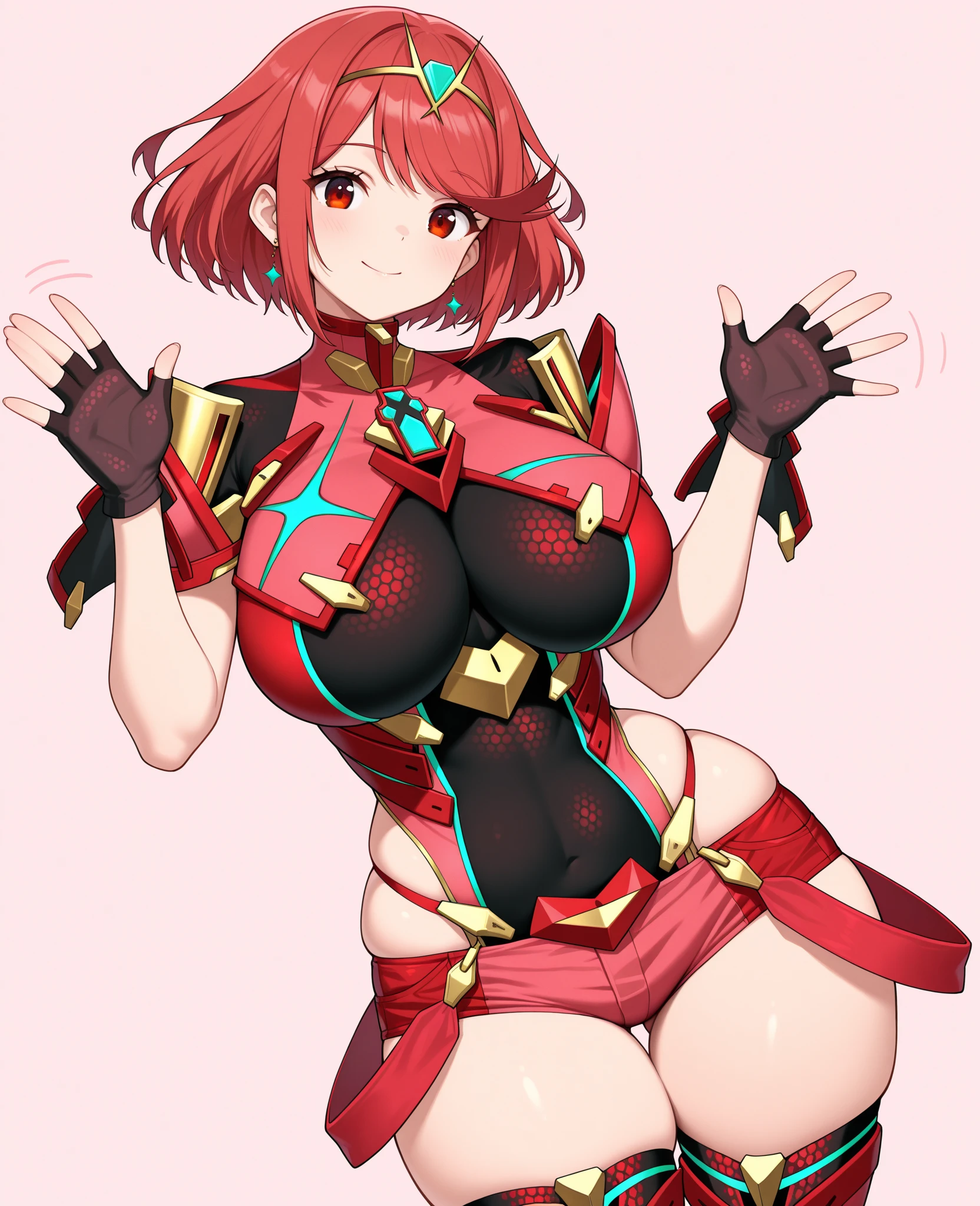 pyra \(xenoblade\), teen_1girl, loli, bangs, black gloves, breasts, red eyes, shout, earrings, eyelashes, fingerless gloves, floating hair, , gem, gloves, hair ornament, headpiece, jewelry, gigantic_breasts, leaning back, swimsuit, neon trim, official art, pose, red hair, saitou masatsugu, short hair, sidelocks, skin tight, solo, swept bangs, thighhighs, tiara, fantasy_town_background, underbust, xenoblade chronicles \(series\), (xenoblade chronicles 2), (spread_legs:1.1), fire_effect,dynamic_pose,fighting,light_smile, (plump:1.1), big_ass,huge_sword, hold_large_sword_hilt, covered_nipples, covered_pussy, fists,ponytail,beautiful_fingers,(solo:1.1), bare_shoulder,(shoulder_naked:1.2), nipple_jewel,back, back_view, focus_ass,ass, very_short＿shorts