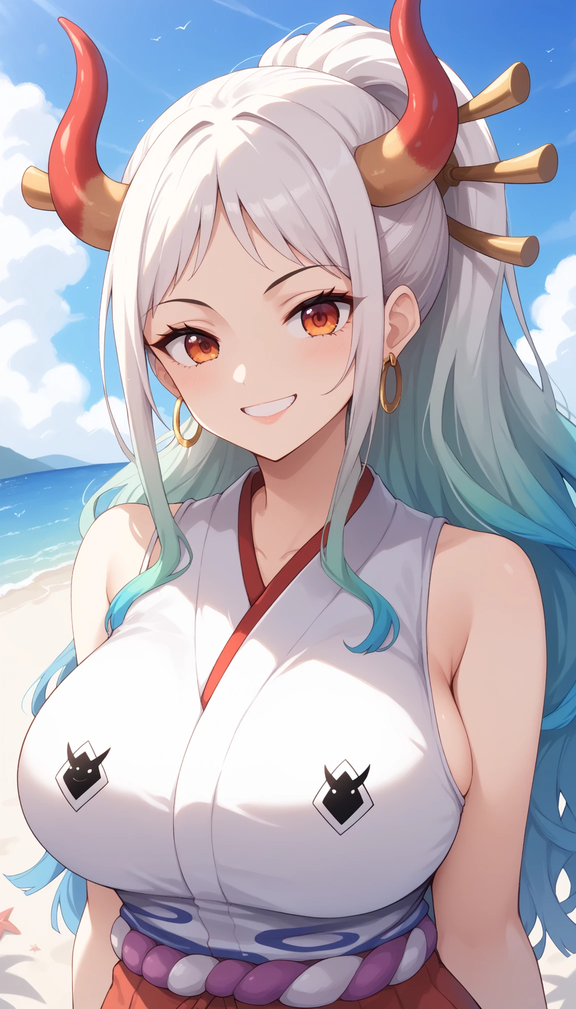 best quality, masterpiece, 4k, absurd res, UHD, ultra-detailed, detailed eyes, detailed skin, detailed hair, detailed face, (face of Evangeline Lilly:Blake Lively), detailed fabric, (1 young beautiful girl, solo:1.1), Yamato (one piece), (multicolored hair, long hair, white hair, aqua hair, two-tone hair, high ponytail, hair stick, hair ornament), (natural big breasts:1.2), (sideboob:1.2), (shimenawa, Japanese clothes with shimenawa, rope, sleeveless kimono, bare arms, kimono, sleeveless, oni, bare shoulders, hakama), (curled horns, red horns, multicolored horns), (happy smile:1.2), earrings, jewelry, (big eyes, brown eyes), collarbone, cowboy shot, v-shaped eyebrows, ((hourglass shape)), sexy pose, ((NSFW))