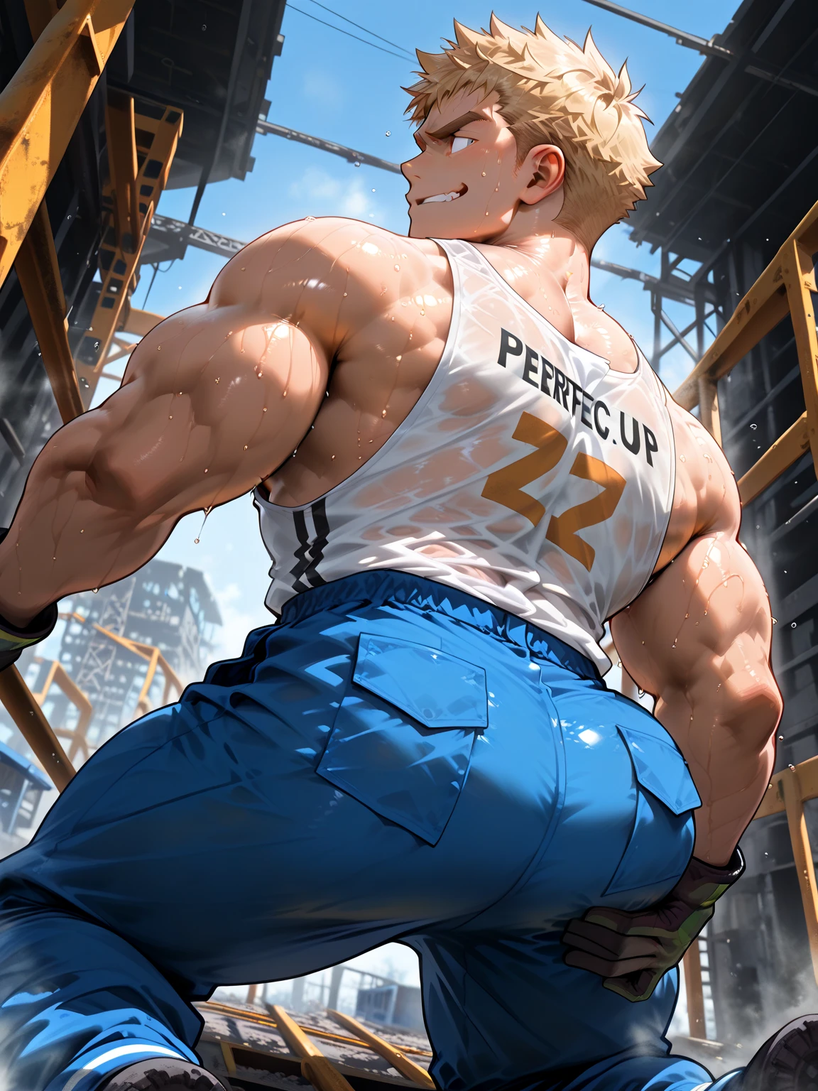 ((((((1boy)))))), fluffy blonde hair, ((big sharp wolf ears)), wolf tail, slim figure, ((pale skin)), sky blue eyes, joyful, big thighs, big butt, fangs, slim waist, lean figure, skin pale, youthful appearance, (((bulge))), black booty gym shorts, black thigh socks
