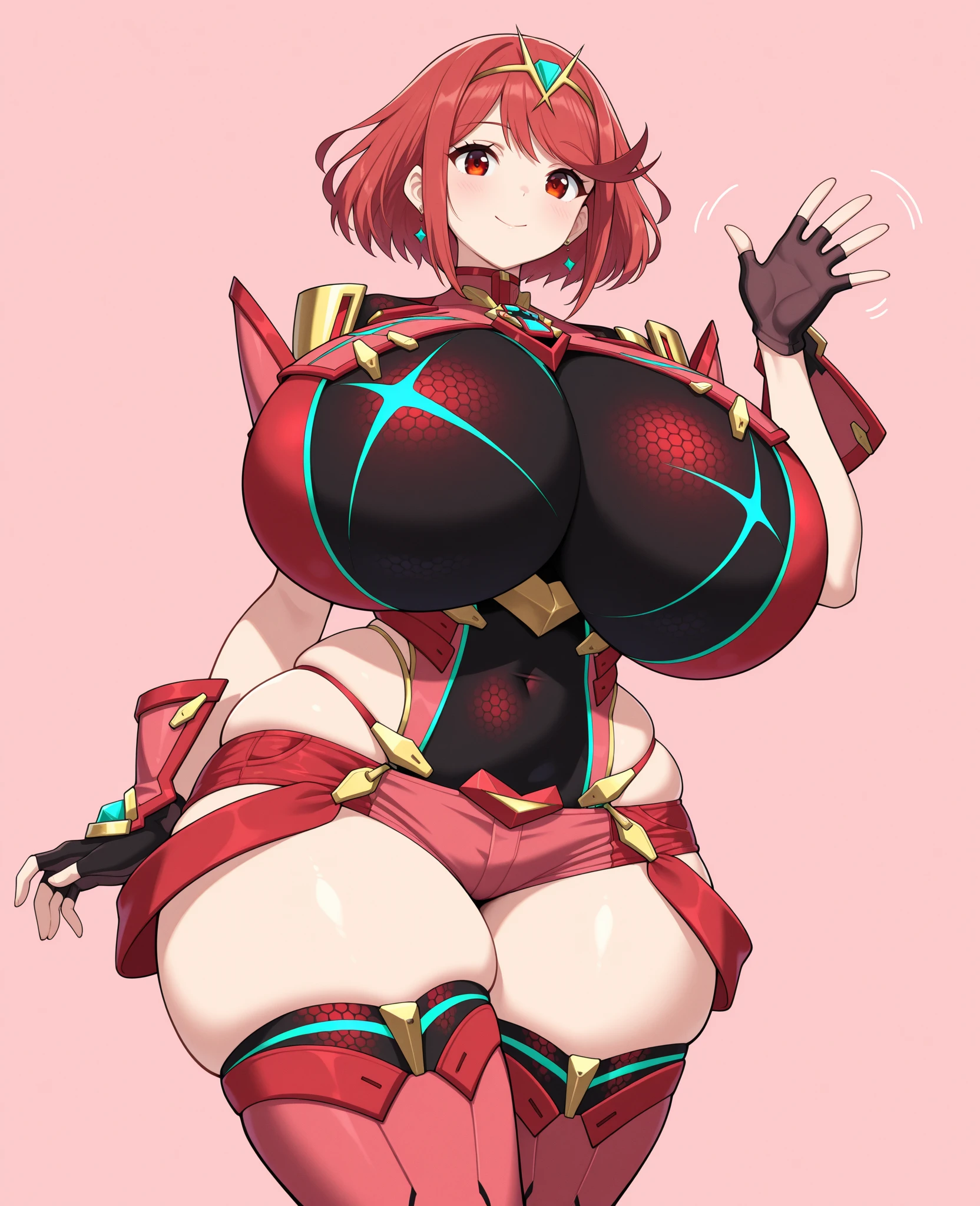 pyra \(xenoblade\), teen_1girl, , armor, bangs, black gloves, breasts, red eyes, light_open_mouth, earrings, eyelashes, fingerless gloves, floating hair, framed breasts, gem, gloves, hair ornament, headpiece, jewelry, big_breasts, leaning back, swimsuit, neon trim, official art, pose, red hair, saitou masatsugu, short hair, sidelocks, skin tight, solo, swept bangs, thighhighs, tiara, fantasy_town_background, underbust, vambraces, xenoblade chronicles \(series\), (xenoblade chronicles 2), (spread_legs:1.1), fire_effect,dynamic_pose,fighting,light_smile, (plump:1.4), big_ass,huge_sword, hold_large_sword_hilt, covered_nipples, (covered_pussy:1.2),cameltoe,back_view, fists,ponytail,plump,beautiful_fingers,(solo:1.1)