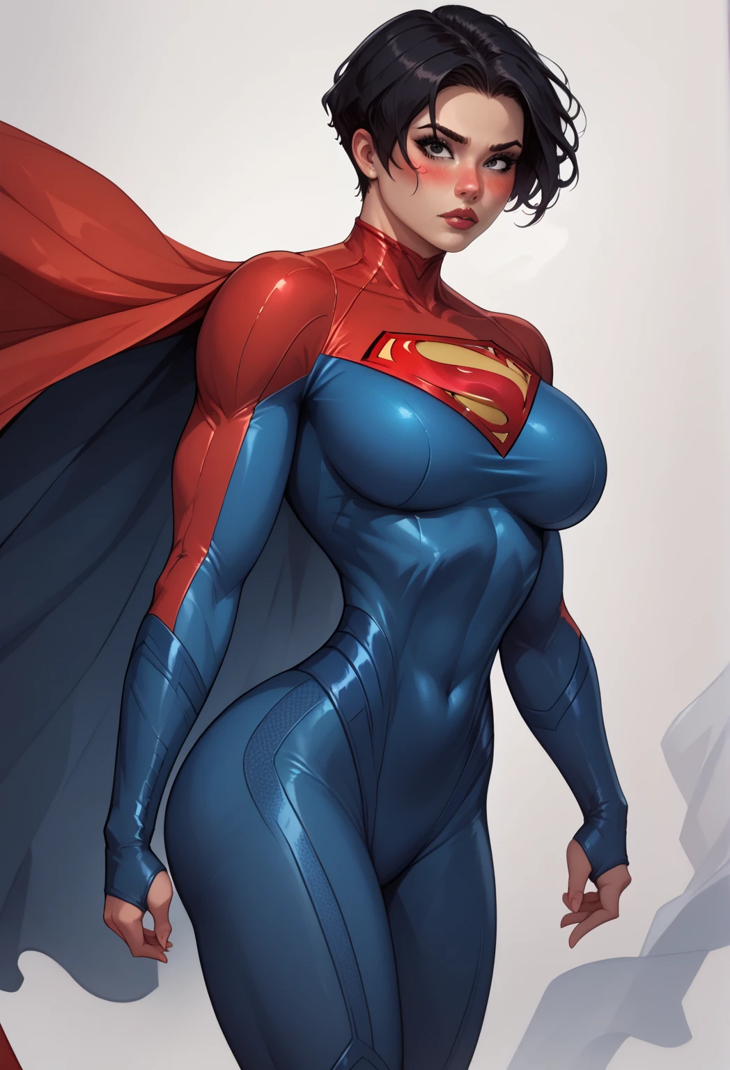 a female superman character is wearing body armor and gloves in tight leather pants, 1girl, solo, breasts, covered nipples, black hair, thighhighs, short hair, leotard, thighs, white background, closed eyes, simple background, cameltoe