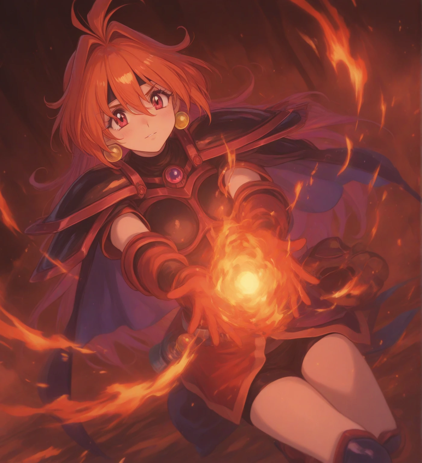 Red hair in pig tails, dark mage, thin waist, energy blast from hands, pink robe, show navel, black leggings, 18 years old girl