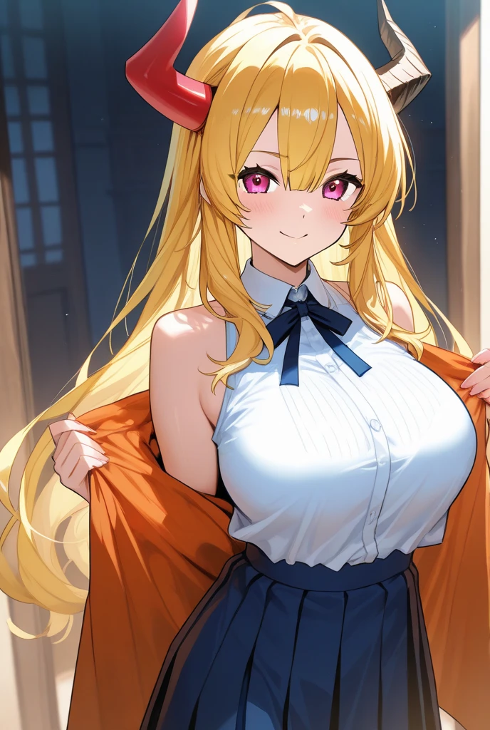 RED_Ribbon_on_HAIR_band,warm light, from below, upper body, ((cute girl, baby face, slender, Blonde hair, red eyes)), cleavage, collarbone, large breast, naked_overalls, no expression, half closed eyes, hands between legs