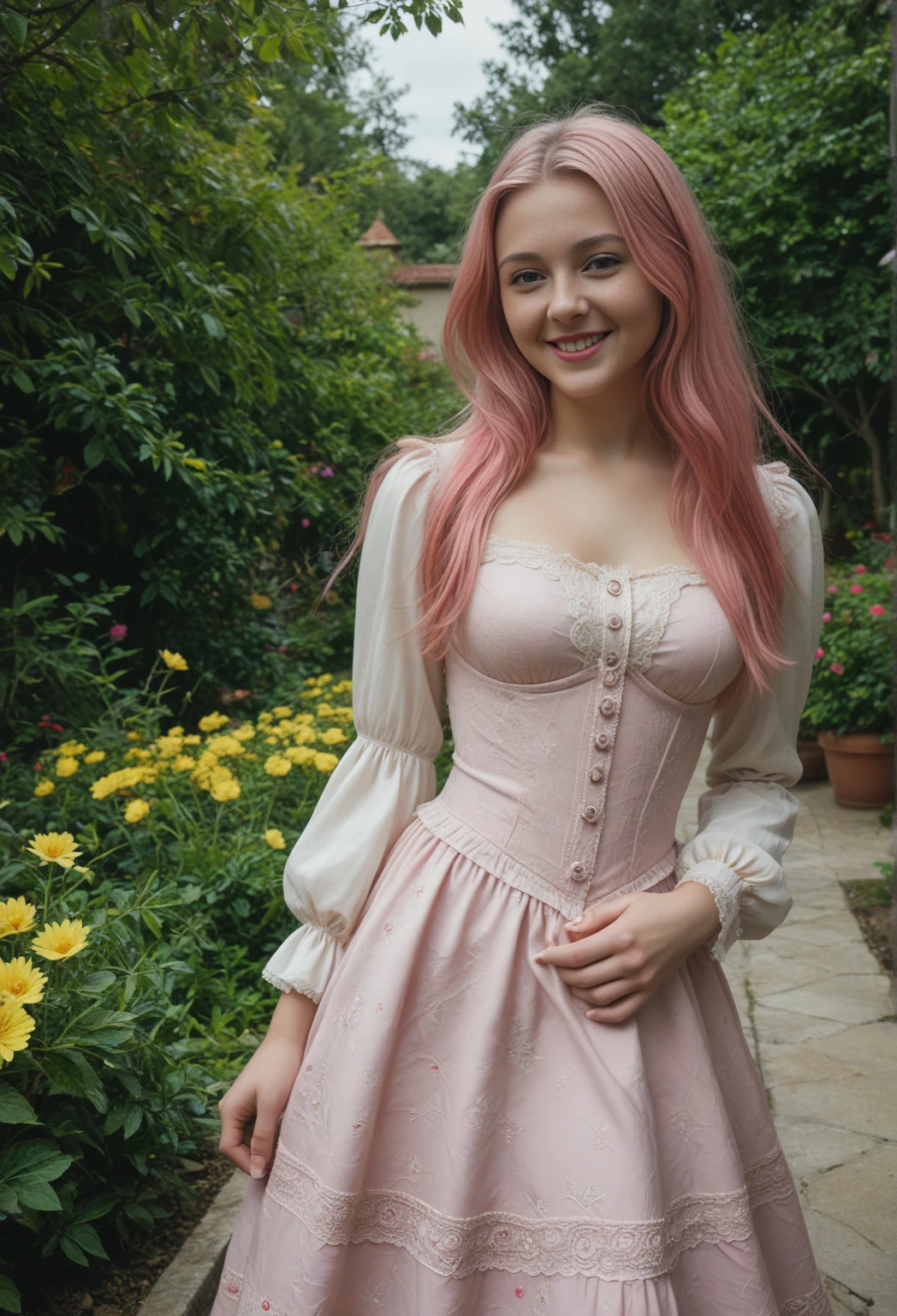 spring blooming park. Studio light. (pose of a professional fashion model from the cover 1.2)) Hair in a braid.  photo of one redhead  model girl with juicy figure and big breasts.RAW, analog style, sharp focus, 8k UHD, DSLR, high quality, Fujifilm XT3, grain, award winning, masterpiece. ((Pink Chiffon Sexy Puff Sleeve Mini Dress1.1)) (professional lighting)