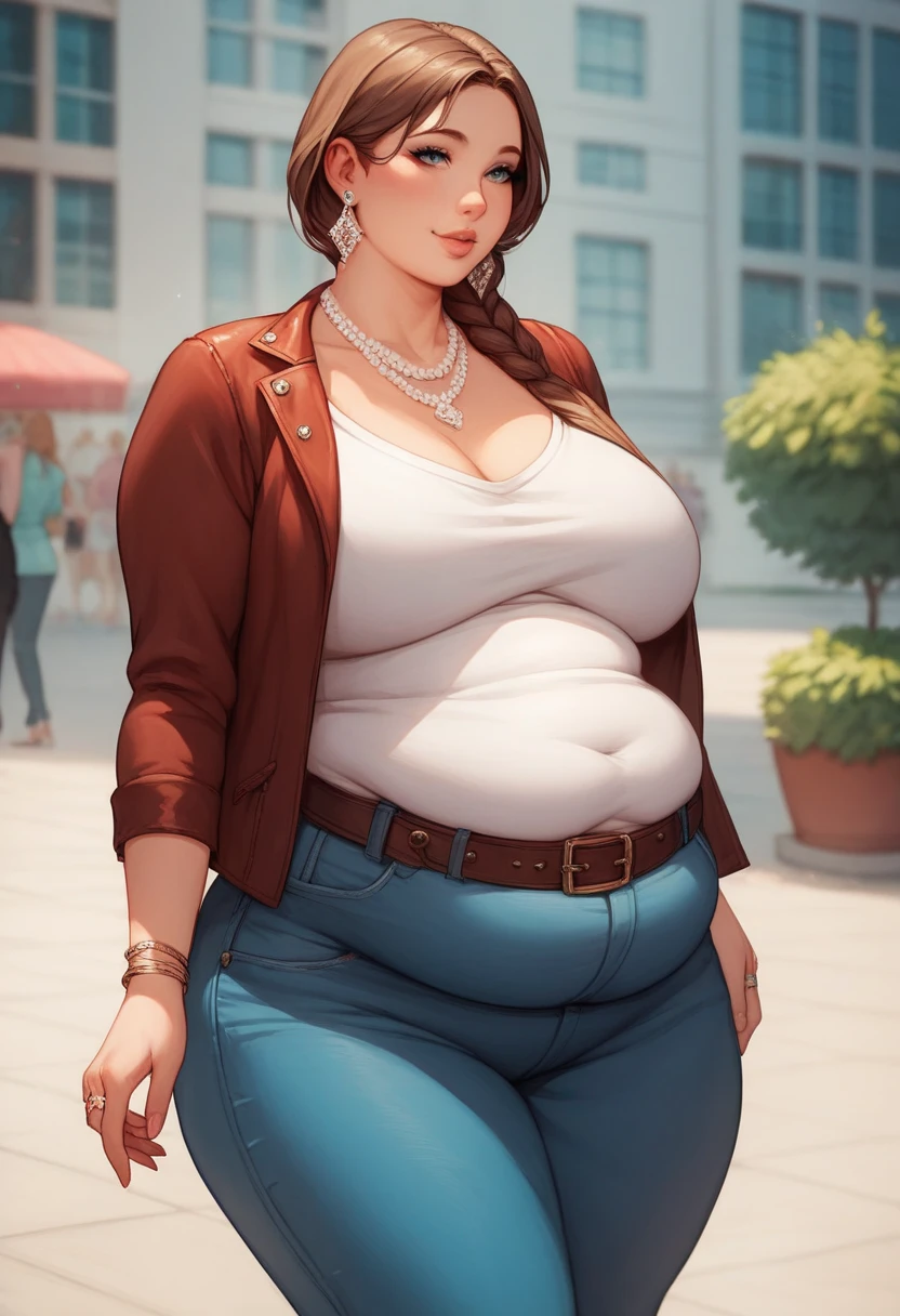 (Full body, glasses), An image of a pregnant girl with her belly on full display wearing casual clothes and high heels. She is a very voluptuous lady with blonde hair and green eyes