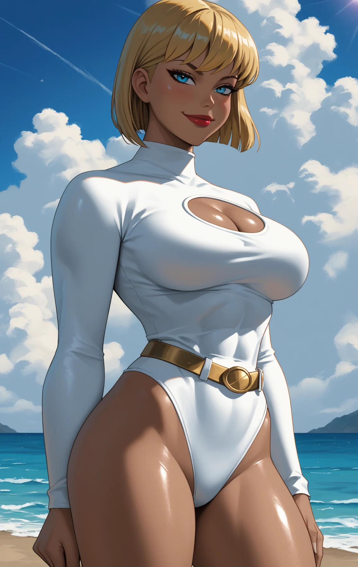 (Powerful girl) Cane, Short blonde hair, blue colored eyes, collant branco, breasts big, shoulder cape, neckline cutout, standing, trunk, standing alone, morning, deserted beach with cliffs, cloudy sky, serious, (incredibily detailed, beautifull detailed face, work of art, best qualityer),