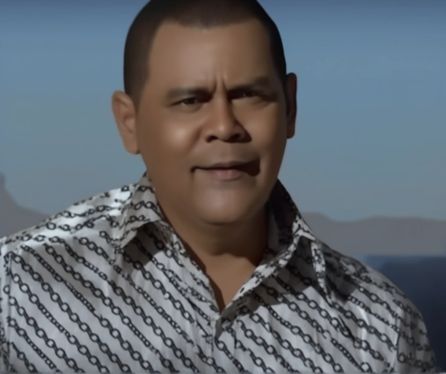 51-year-old Latin American, overweight, blue shirt, white pants, gold necklace, short hair hyper realistic