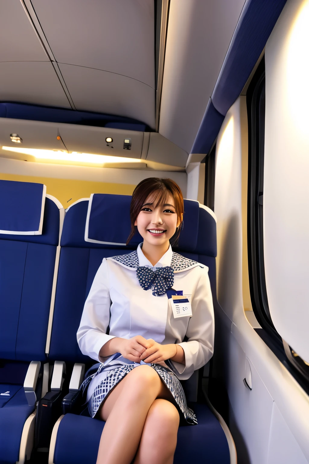 top-quality、masterpiece、real 20 year old woman、cabin attendant、校服、White stockings、In-flight、Planes、a smile、Shorthair、hight resolution、