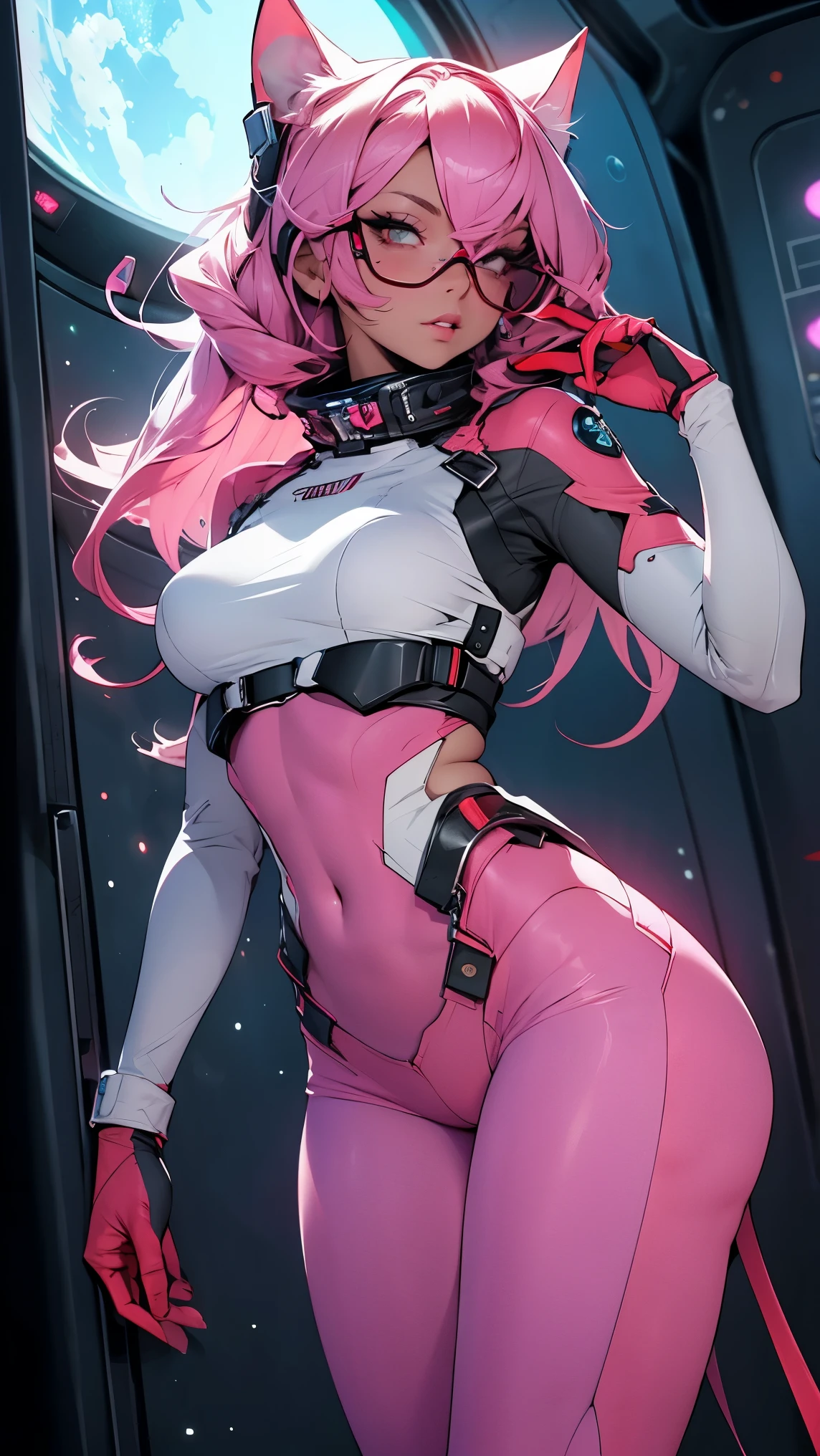 female meow superhero with pink and white mask covering face, pink energy on mask, energy flow on mask, white glowing eyes on mask, sexy physique, the superhero suit is predominantly pink, conductor de electricidad blanco en el pecho, Logotipo rosa alrededor del conductor, energy conductors on shoulders, Caderas, Nudillos, y rodilleras, pink energy regulators outlining white conductors, rayas rosadas de reguladores en antebrazos y lados, artee de Bruno Redondo, dim room, Lovely atmosphere, artee, arte, circuito, energy
