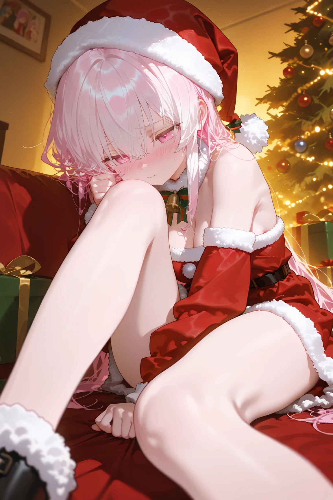 christmas tree, present boxes under the tree. (tree es get out from the boxes), naked butt, red ribbons on body, high quality, 4k