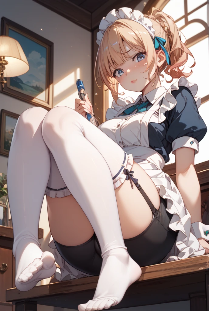 masterpiece, best quality, ultra-detailed, illustration, warm lighting, bright colors, 1girl,solo, long hair, very long hair, chifuyu, blue eyes, bangs, hair_flower, hair_ornament, hair_over_eyes, ponytail,



1girl, apron, black_bow, black_bowtie, white_dress, blinds, book, bow, bowtie, cleavage, cleavage_cutout, closed_mouth, clothing_cutout, cup, dress, frilled_dress, frills, fruit, full_body, garter_straps, hair_twirling, hand_on_own_thigh, hand_up, indoors, lamp, legs, legs_up, long_hair, looking_at_viewer, maid, maid_apron, no_shoes, panties, puffy_short_sleeves, puffy_sleeves, short_sleeves, sitting, solo, stirrup_legwear, thighhighs, thighs, underwear, white_apron, white_garter_straps, white_panties, white_thighhighs, feet out of frame,