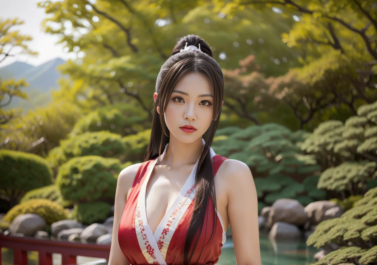 (highres,realistic)A detailed portrait of a girl cosplaying as Mai Shiranui. The girl has (beautiful detailed eyes,beautiful detailed lips,extremely detailed eyes and face,longeyelashes)with a fierce and confident expression. She is wearing a (vibrant,traditional)costume that consists of a (red,black,silk)kimono with a plunging neckline and an obi tied in a decorative bow at the back. The kimono is adorned with intricate (gold,floral)embroidery and delicate lace that adds a touch of elegance. The girl's hair is (jet black,long,straight)and styled in two high ponytails, with (delicate,ornamental)hair accessories. She is also wearing a pair of (golden,bangle)bracelets on her wrists, adding to the authenticity of the cosplay. The background is (dramatic,Japanese-inspired)with cherry blossom trees in full bloom, casting a soft pink hue. The lighting is (subtle, warm)and highlights the girl's figure, creating a sense of depth and dimension. This artwork exudes (beauty,elegance,fierce energy)and captures the essence of Mai Shiranui's character in a (realistic,photorealistic)style.
