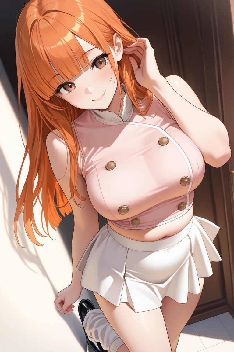 (masterpiece, best quality:1.2), cowboy shot, solo, 1girl, orihime inoue, naked apron, lewd, NSFW, nip slip, revealing outfit, big breasts, sexy back, sleeveless, minimal clothing, ponytail, beautiful, wardrobe malfunction, looking at viewer, absurdres, high res, ultrasharp, 8k, masterpiece