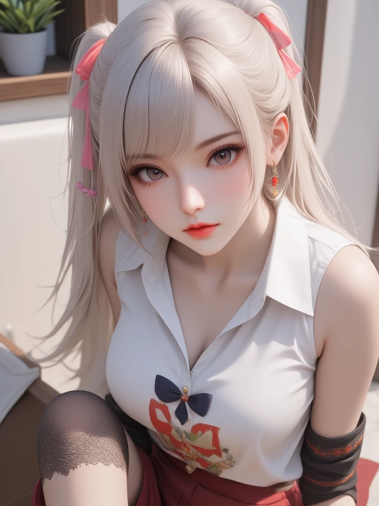 (A beautiful girl wearing a red traditional Chinese costume, seductively licking a lollipop, wearing headphones in a recording studio, posting cute poses on social media.) (This beautiful girl is , 18% Japanese, 26% French, 56% Ukrainian, 178 cm tall, small bust but stylish, with a beautifully balanced figure.) (Her hair is very long, pinkish gray, tied in twin tails with black ribbons, curling in a spiral towards the end.) (Her eyebrows are the same color as her hair, thin, slightly thick, short, and her eyelashes are long.) (Her big blue eyes reflect the light of the lighting and are amazingly beautiful like pearls.) (Her nose is high like an Englishman, her lips are plump and kissable, her skin is translucent white, and the proportions of her head and face are traditional Japanese.) Aesthetics. The number of fingers is also noteworthy, not too many or too few, and even the tips of her nails are very delicately expressed. (Single, Masterpiece, Ultra-detailed, Highest quality, Artistic composition, Ultra-accurate, Realistic, Photorealistic, High resolution, Dynamic lighting effects, Consider the proportions of the whole composition, Ultra-realistic). Try to highlight facial expressions and appearance. Try your best to meet all these criteria.