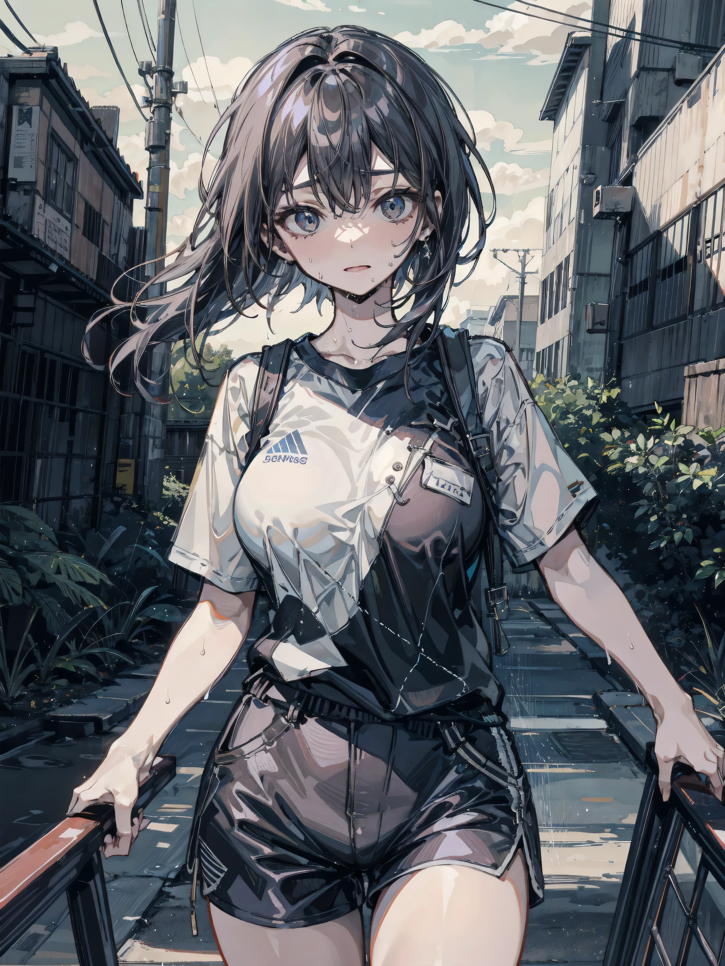 ((1 GIRL)) ((High Resolution)) ((Hyper realistic 10k,asian girl)), ((Japanese)) (( physically mature female)) (( average sized breasts)), 25-year-old, (( anime girl)), ((short dark-haired)), ((windswept hair)) ((ultra high quality))((flawless))((4k UHD)) ((Best Quality)) ((Daytime)) ((eyes glowing yellow )), wearing a ((black long sleeve shoulderless, blank T-shirt))((no logo)) wearing ((blue jeans)) and black and yellow sneakers with (((blood splattered))) on it and her face, standing in the street ((facing front and center toward the camera)) in a ((ruined city)) filled with ((heavily damaged)) and worn (( tall skyscrapers with gaping holes in their structures while on fire)) and ((crushed vehicles on fire)) ((city in ruins)) and small and ((raging fires all around)) and an ((intimidating)) look on her face.