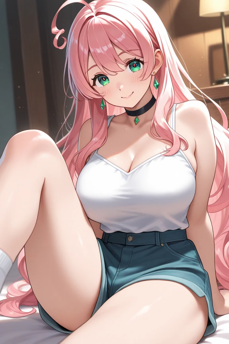 1girl, solo, long hair, breasts, looking at viewer, smile, open mouth, bangs, shirt, pink hair, fang, pink eyes, off shoulder, pink shirt, kilt skirt, sneakers, white long socks