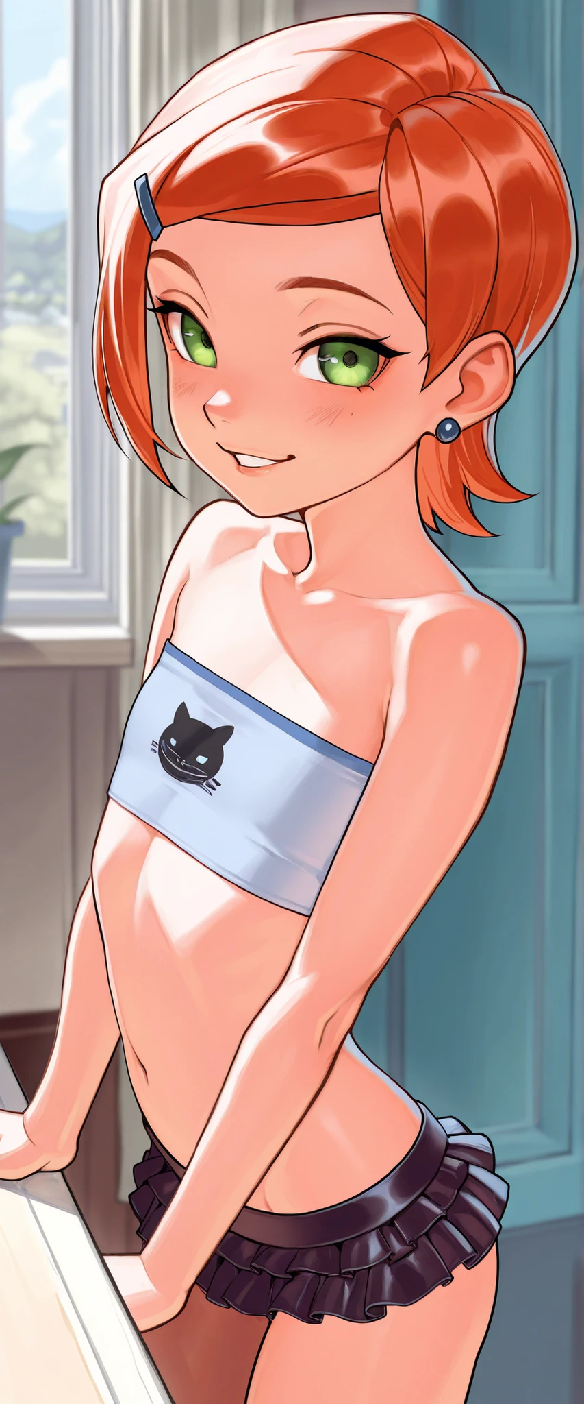 The Q version of the cute human, spying behind a wall, sirprised expresión, cute, white background, naked, nude, full body