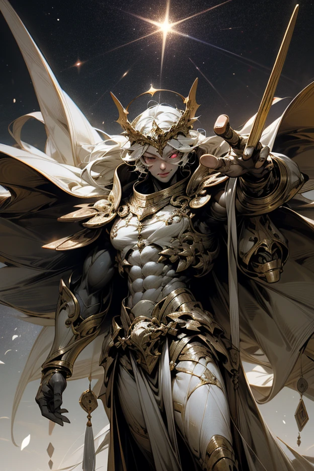 (demon in white armor with gold details, great horns | cow-like horns, large wings:1.2, gold specks:1.1, white specks:1.05, aggressive look:1.2, ethereal atmosphere:1.2):0.8