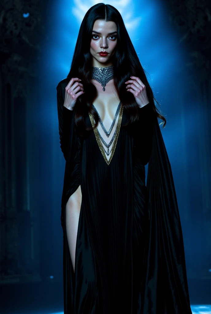 She is dressed as a seductive witch, wearing a form-fitting, black velvet gown with a plunging neckline and intricate lace detailing on the sleeves and bodice. The gown should have a flowing, floor-length skirt with a hint of shimmering fabric that catches the light subtly. She is adorned with silver jewelry, including a pendant with a mystical symbol, and her look is completed with dark, dramatic makeup and a hint of a smoky aura around her. The overall mood is mysterious and enchanting, with the subdued lighting enhancing the seductive and magical ambiance. (extremely detailed CG unity 8k wallpaper), (best quality), (best illustration), (best shadow), absurdres, realistic lighting, (Abyss), beautiful detailed glow, art by PeterMohrBacher,