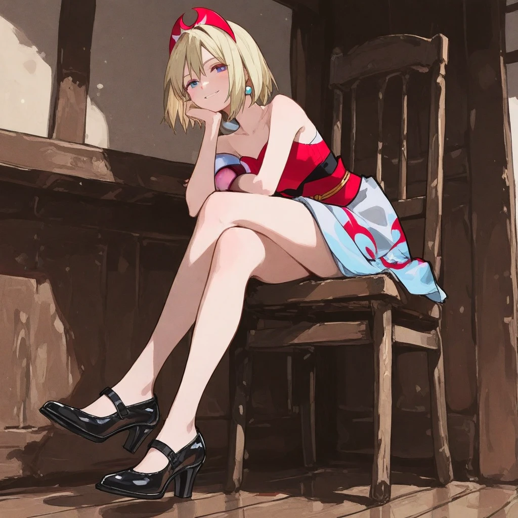 ((Masterpiece)), ((best quality)), ((kawaii)), (flat color), (flat shading), (super detail:1.2),(High Definition:1.3), (Professional Photography:1.2), (wide shot), (sharp focus), (perfect light), (drop shadow), (()), ((1girl)), (full body), solo, (flat chest), look at viewer, (playboy_bunny:1.3), naked shoulder, ((Argyle background)), clear face, loose blunt bangs, messy hair, short hair, blonde hair, naughty smile, open mouth, high-heeled shoes, (Decorated deep crimson flowers), (Sitting cross-legged at the bar counter),abarastyle,