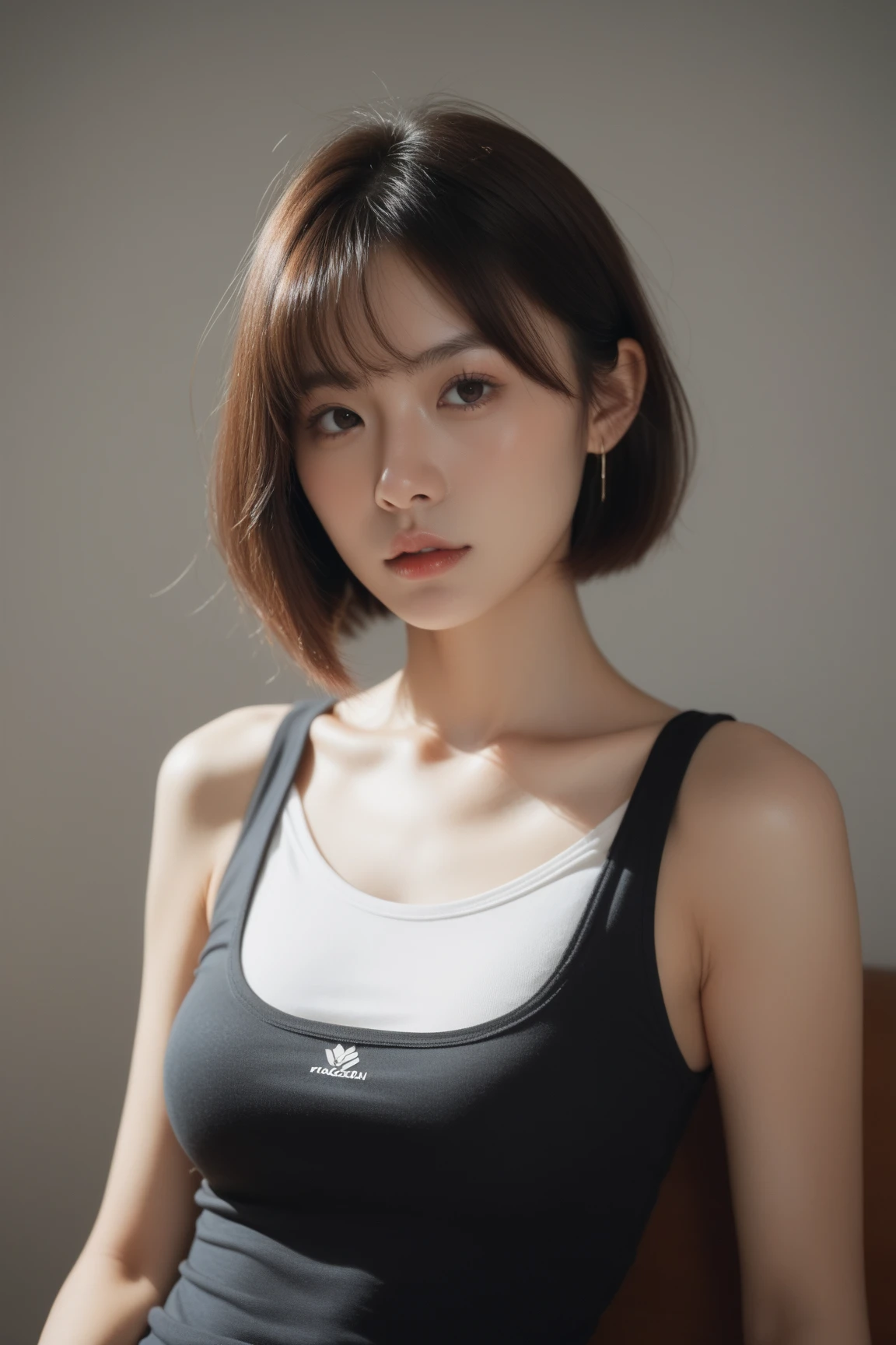 (Original photo: 1.2), (Realistic: 1.4), (Masterpiece: 1.3), (Best quality: 1.4), Dreamy, (detailed eyes), (detailed facial features), (detailed clothing features), Skin tightness, (Shiny skin), (Slim Girl), (Slim Girl), (Slim Girl), 1 Girl, Veronica Code, Solo, Cute, Bangs, Short brown hair, Black eyes, (Medium breasts), ((Shirt)), Dynamic pose, (Kodak Film Color) ((Camera not visible)) ((White Studio) (Studio Light) ,(crop top:1.4)