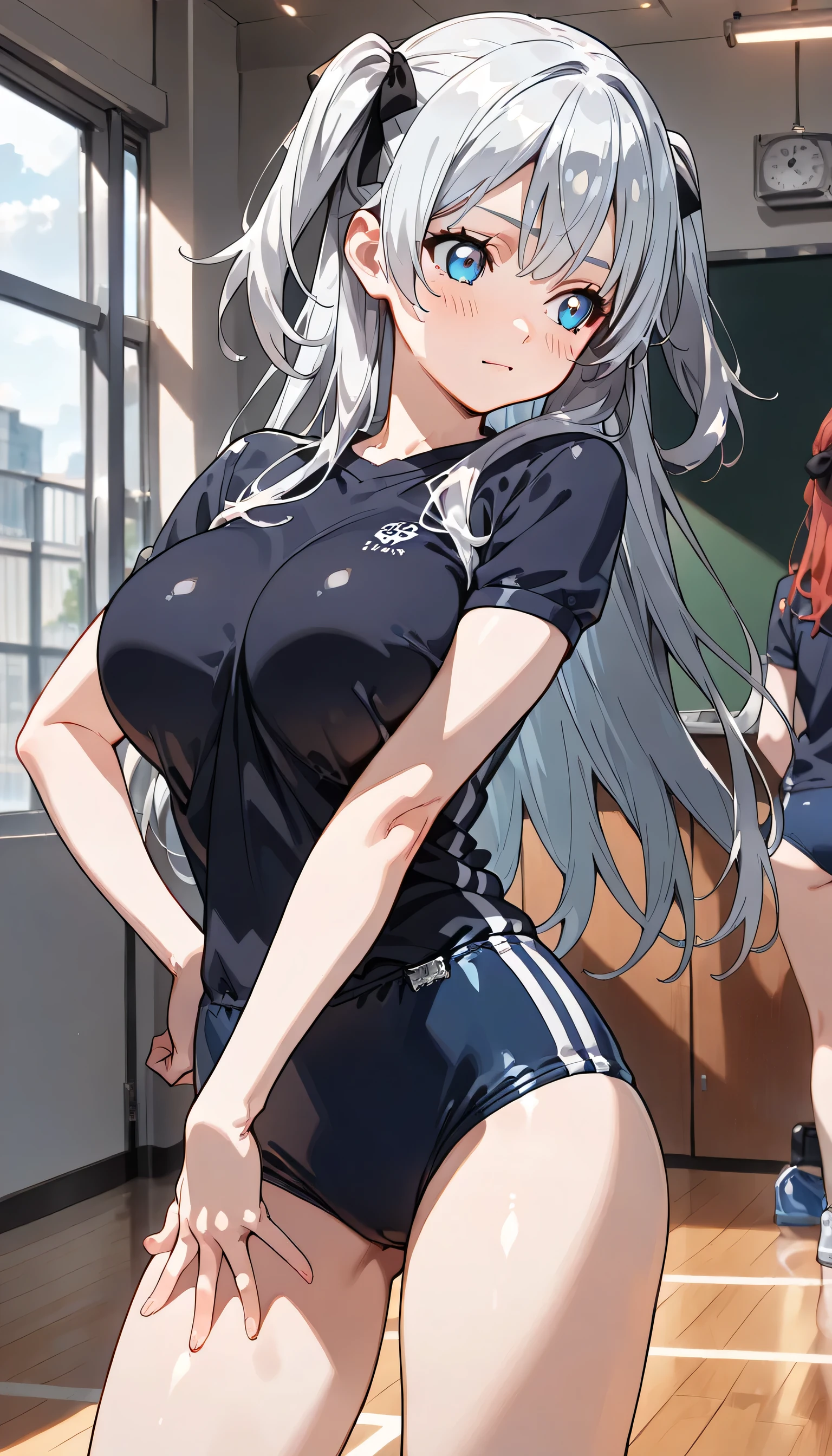 ((ultra-detailed)), (highly detailed CG illustration), (best quality:1.2), ultra-highly detailed, colorful composition, artistic photoshoot, 1girl, solo focus, thigh to top, cowboy shot, moe anime character, girl, dainty facial structure, baby face, round face, rounded chin:1.2, ideal ratio body proportions, celia-default, celia claire, blue eyes, sparkle eyes, sagging eyes, long silver hair, two side up, hair ribbon with red, ample breasts, white short sleeve gymnastics uniform with Navy blue rim:1.3, navy blue school gym buruma, a smug expressio:1.3, blush:1.3, sweat:1.3, standing on the school Athletic Festival:1.3, outstretched arm:1.3, Playing erotically with Kendama:1.3, hand on own hip:1.3, from front, dynamic pose, contrapposto pose, best quality, expecting, pink cheek, blush, light pink gloss slip, portrait, depth of field, soft lighting, backlight, shine, lighting, caustics, ray tracing, perfect face, lustrous skin, highly detailed face, highly detailed eyes, perfect face, perfect nose, perfect hair, perfect eyes, perfect anatomy, beautiful hair, beautiful small face, extremely detailed face, beautiful detailed eyes, beautiful clavicle, beautiful body, beautiful huge breasts, leavage, breasts squeezed together, equalize the size of the left and right breasts, beautiful thin thighs, beautiful legs, beautiful fingers, 4 fingers, 1 thumb, lovely, (very detailed background:1.0), (highly detailed background:1.0), summer aesthetic, intricate details, shy atmosphere, summer colors palette, chromatic aberration