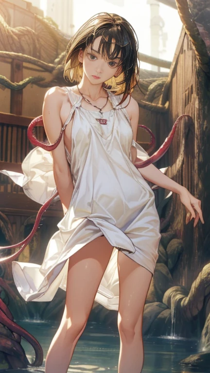 ((masterpiece)), ((best quality)), (ultra-detailed),(in the cave),(monster),(((many tentacles wrap arotnd the body))),a cute girl, 1girl, solo, (white girly dress),((many tentacles bound arms)), ((thin waist)),large breast, slim, slender,beautiful brown hair, beautiful blue eyes, (beautiful eyes), long hair,troubled expressio