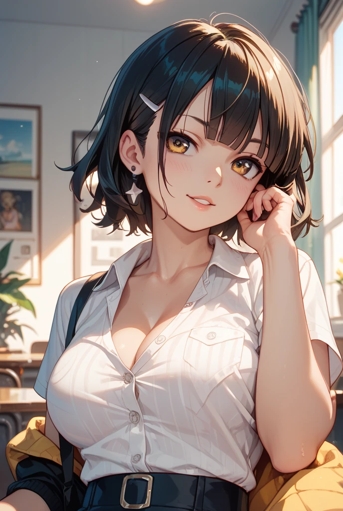 (high quality, 8k, 4K, High Contrast, masterpiece:1.2, 最high quality, Best aesthetics), , lingerie, Very detailed, Seductive and erotic girl, smile, (Normal milk, Silver fur), Focus on the face, Focus on the face, Complex eyes,, laced , coffee shop, Ground angle shot, Viewers looking up, Open-chested clothing,Black Hair,Leopard print underwear
