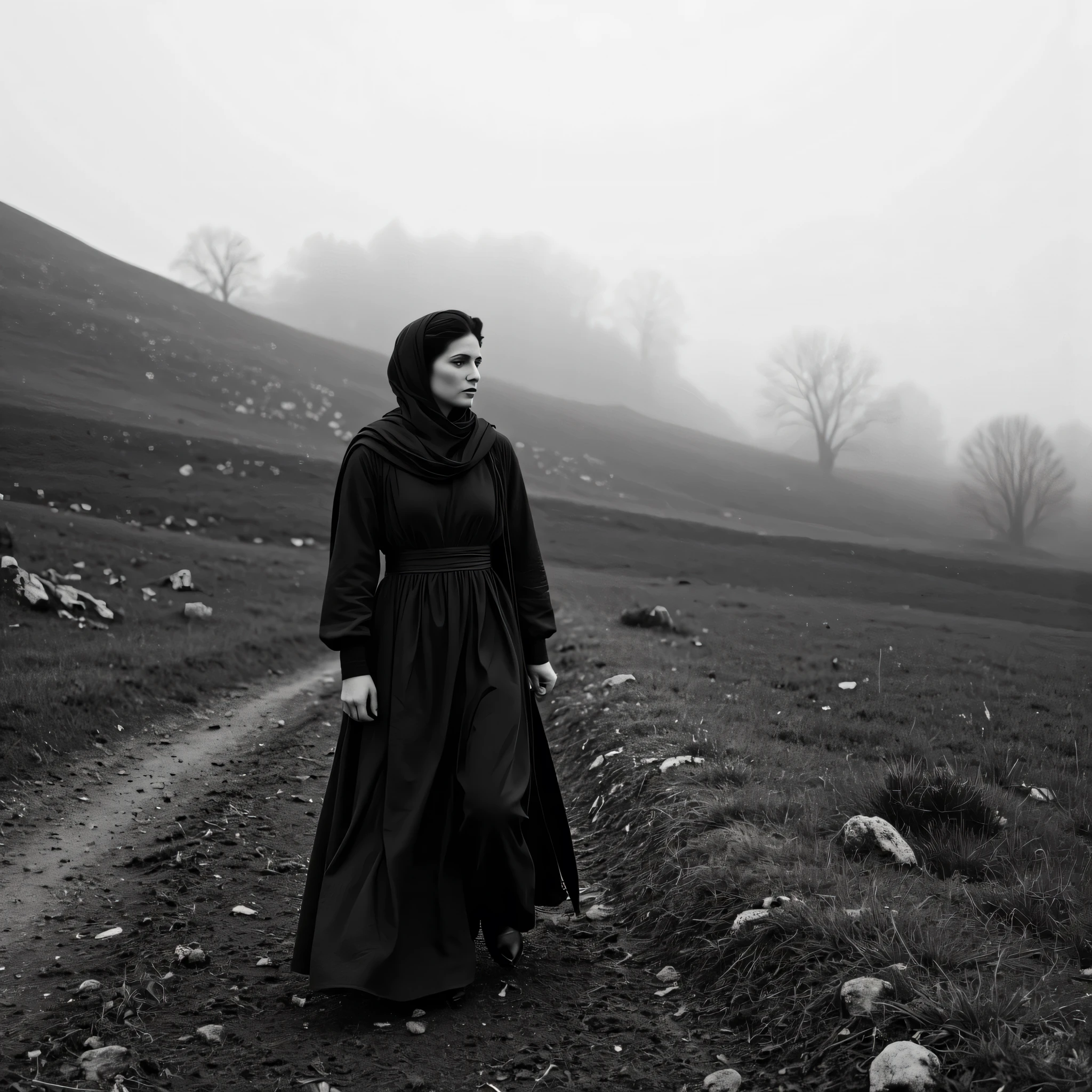 “A solitary woman walking barefoot on a sloped dirt path in a vast, misty countryside landscape, wearing a long dark flowing garment with a scarf gently wrapped around her head, her expression introspective and calm as she gazes to the side. The hills behind her are covered with leafless trees, fading into soft mountain fog. Shot in moody black and white tones, with overcast natural lighting and soft gradients of shadow. The composition is atmospheric and poetic, with a minimalist aesthetic, reminiscent of fine art photography. A sense of solitude, resilience, and silent strength permeates the image, evoking a cinematic narrative of introspection and connection with the natural world.”