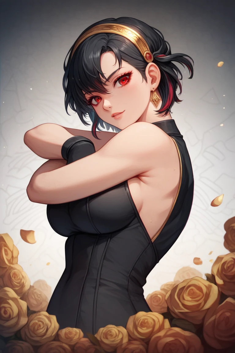 (((masterpiece, best quality, high resolution))), clothing cutout, standing, arms up, armpits, arms behind, 1girl, OfficialOutfit, Kunoichi Clothing