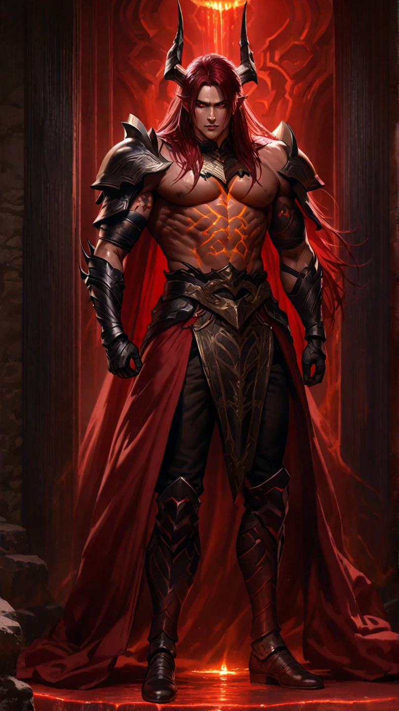Looks perfect in the form of realistic display and hyper detail, ZBrush, excessive realistic oil,create fit, man, muscle, bouncing, sweat, red hair, evil aura, arrogant, dark skin, stripped, naked body, dark castle, throne, skeleton, blood splatter, bloodstained, psychotic,