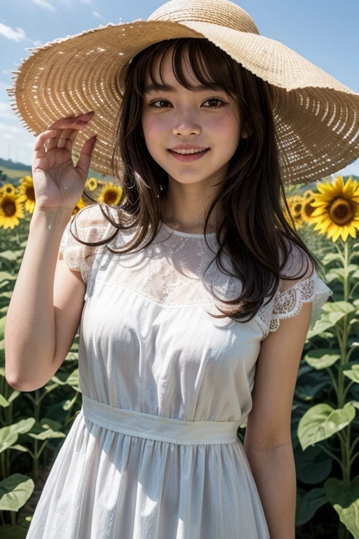 hight resolution、high-level image quality、in 8K、Real live-action、生a picturegraphy、top-quality、​masterpiece、超hight resolution、生a picture、ren、Beautiful fece、masutepiece、((Obscene content))、For adults、charm of 、absurderes、((((Japan elementary school students))))、Japan Girl、((8years old))、((with round face))、((Tanuki face))、((Cute little face))、(((((A smile)))))、de pele branca、((chubby figure))、小柄、Juvenile physique、Smaller chest、kne、 thighs thighs thighs thighs、Anatomically correct、独奏、fullllbody、Very nice、(((Children's Clothing:1.0) ))、 ((Pubic area))、(Mansuji)、((White panty))、Are sleeping、（Photorealsitic：1.37）、Photon mapping、Realistic、Radio City、Physically Based Rendering、depth of field rally background、a picture、(((a junior idol in Japan)))、Sparkling eyes、shiny lip、too bright natural light、The Bright Sun、Too bright sunlight、(((((8years old)))))、(((Pubic area)))、(Mansuji)、Children's Clothing,　Children's Clothing、Squatting、Open your legs、Open your crotch、Only one person,Alone, (((White tank top))),(Long white silk camisole)、(Slimed、small tit、flat boobs、small tit)、(((The background is a sunflower field)))、((a straw fedora hat))、Wear a white top,